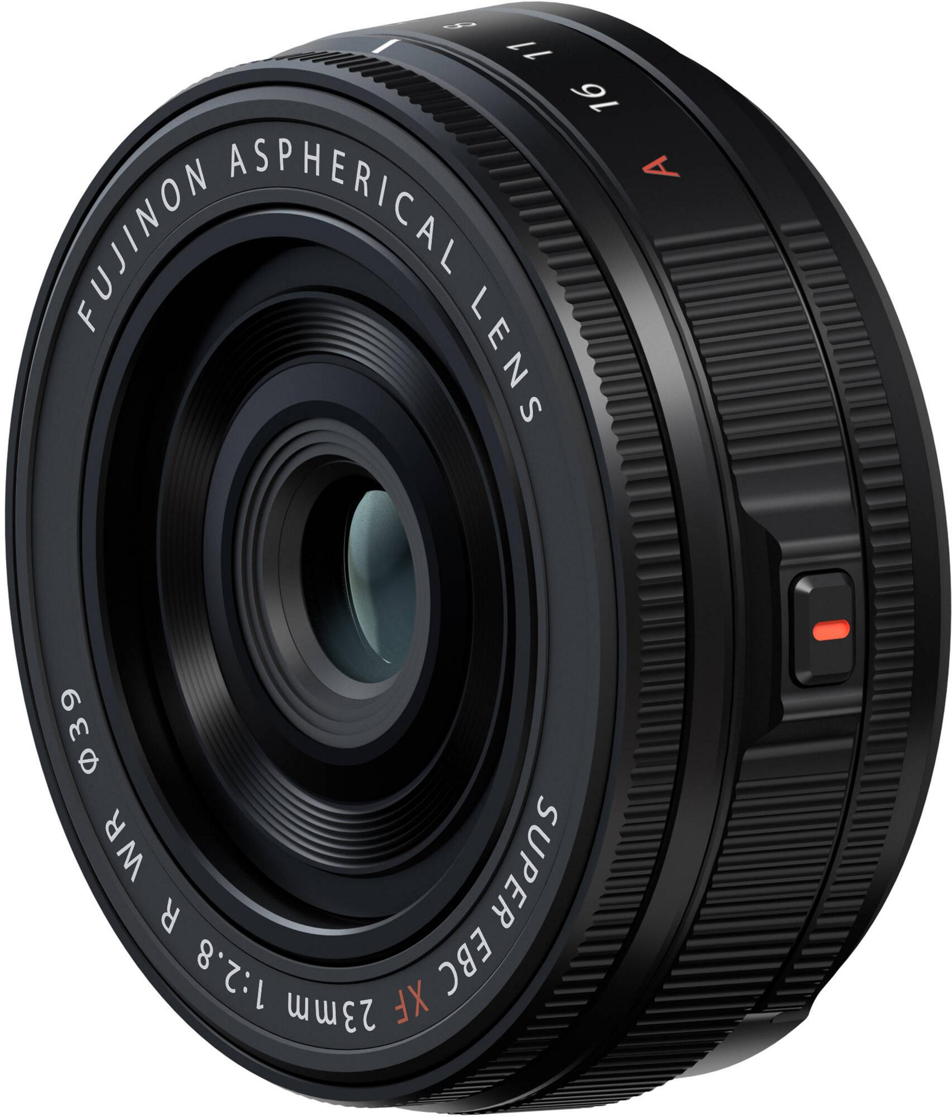 Schwarzes Fujinon Objektiv mit Beschriftungen wie '23mm 1:2.8'.