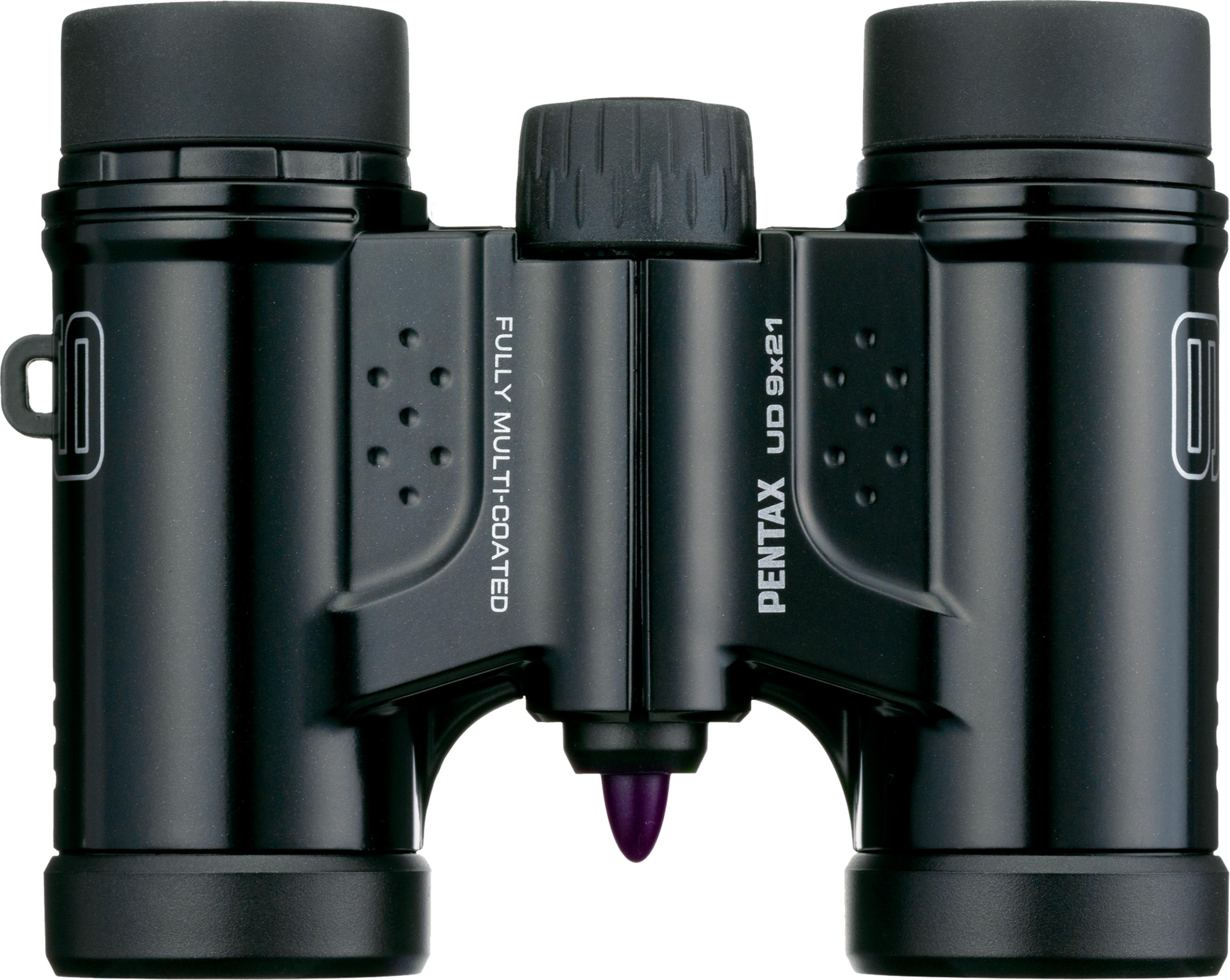 Czarne lornetki Pentax UD 9x21 z kółkiem ostrości.