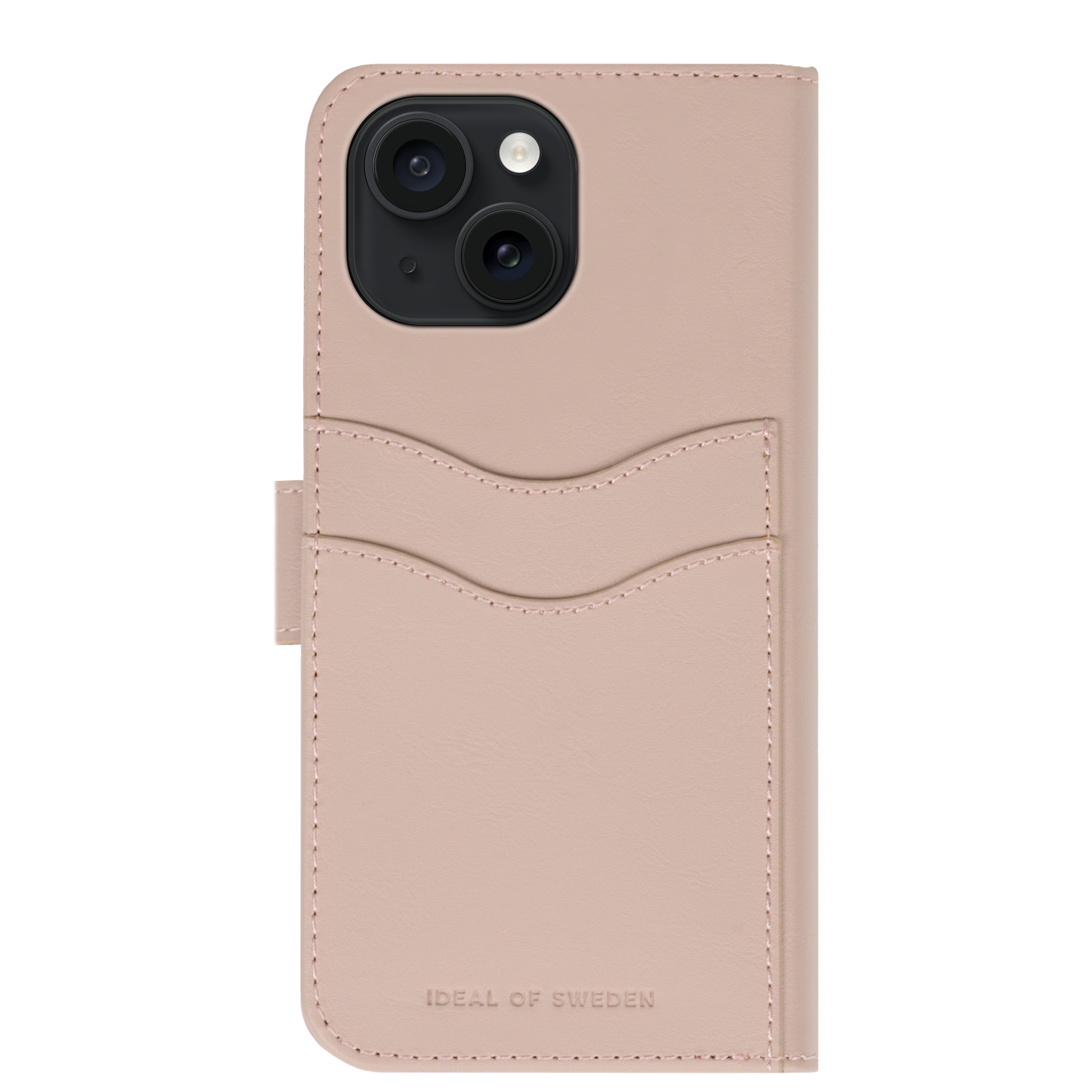 Een roze telefoonhoesje met kaartsleuven en zichtbare cameralens.