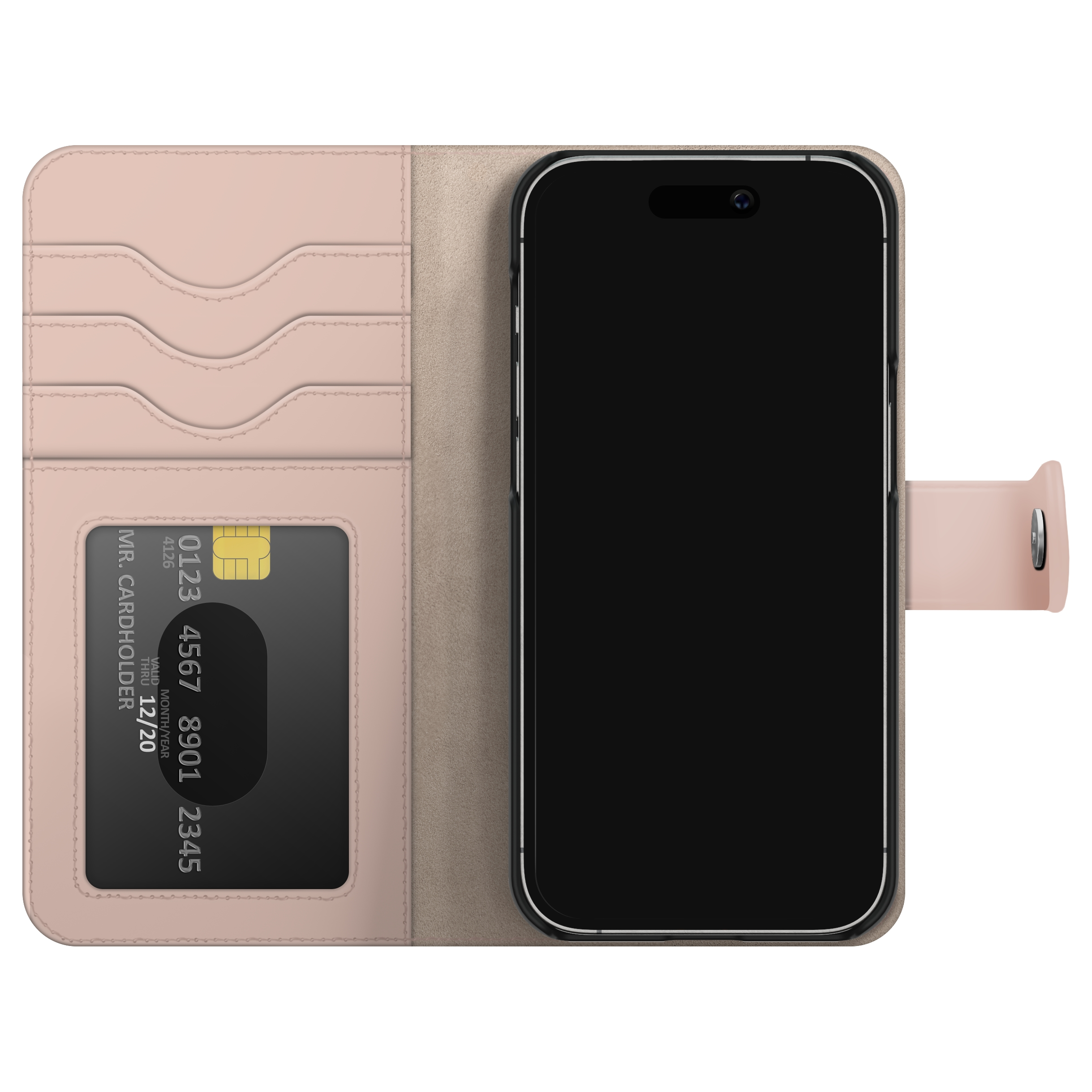 Een roze telefoonportemonnee met standaard, zwarte creditcard en drie sleuven.