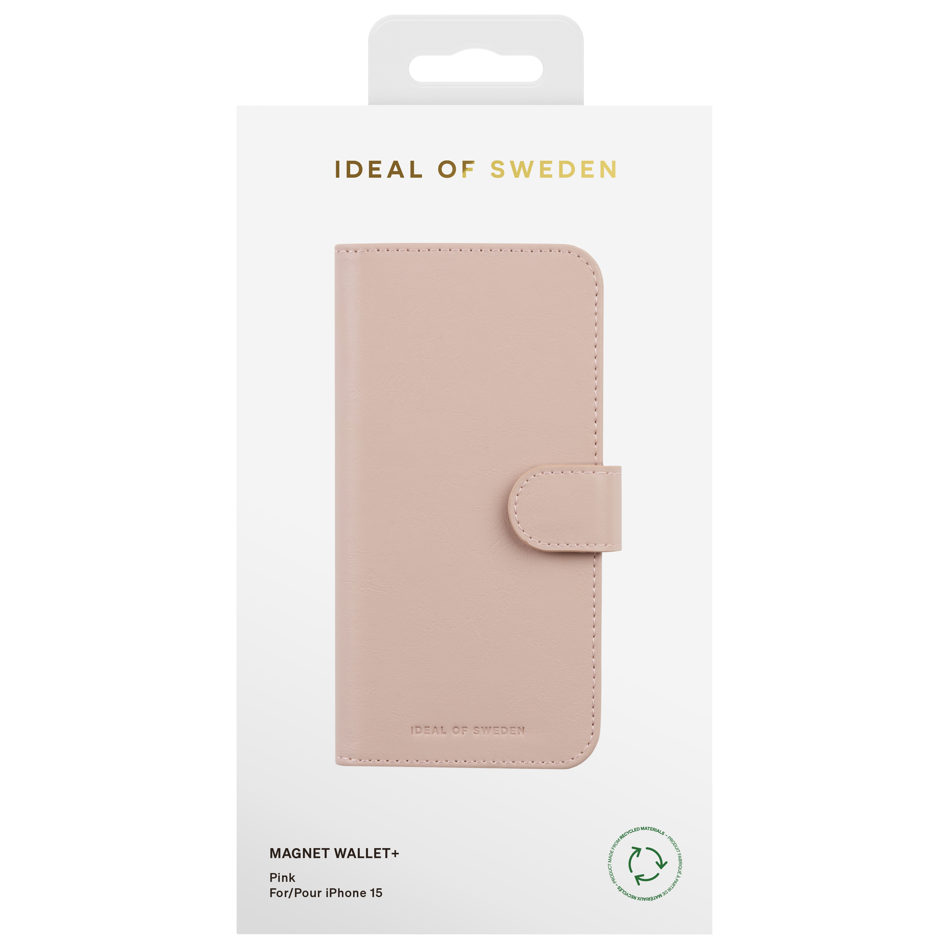 Een roze IDEAL OF SWEDEN Magnet Wallet+ voor iPhone 15.