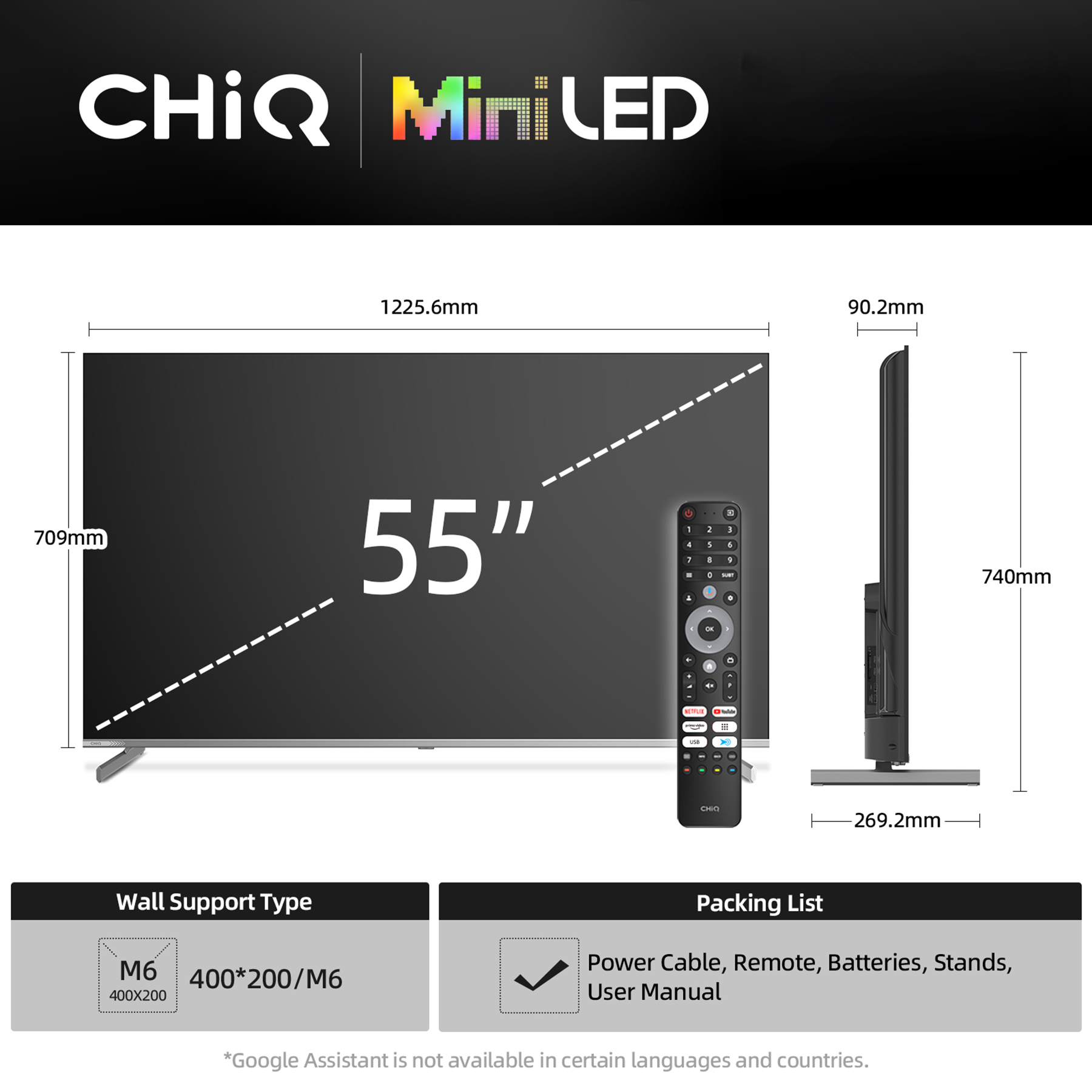 Telewizor CHIQ Mini LED 55 cali z pilotem, wymiary i specyfikacje.
