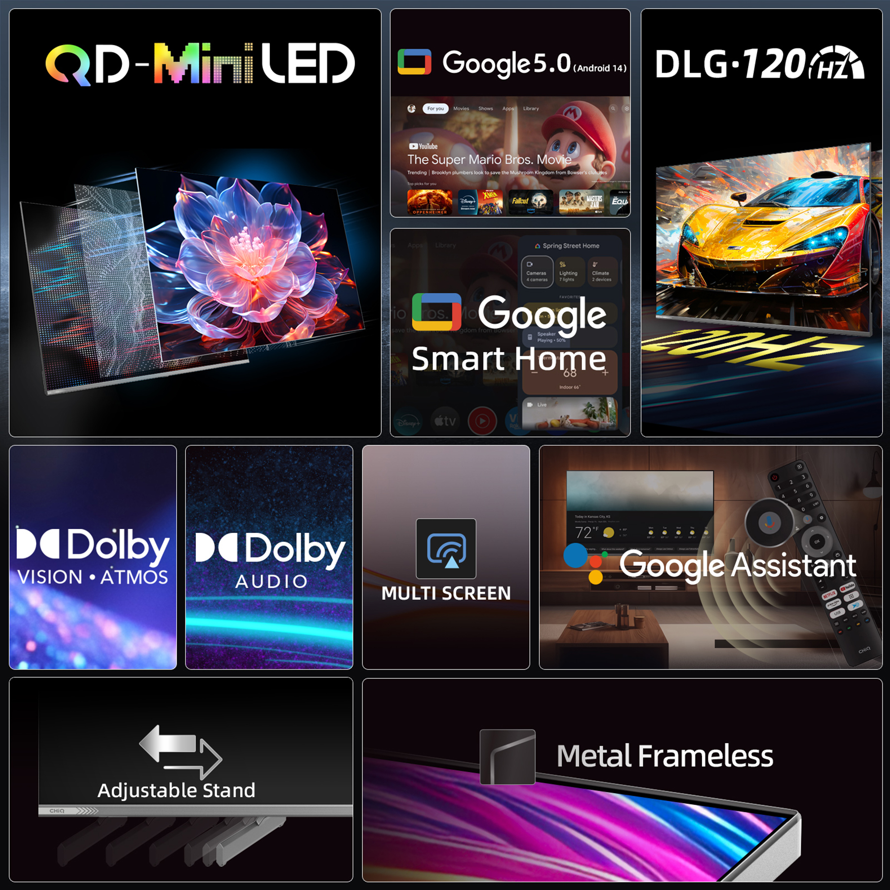 Wyświetlacz TV z technologią QD-Mini LED, Google 5.0 i 120Hz.