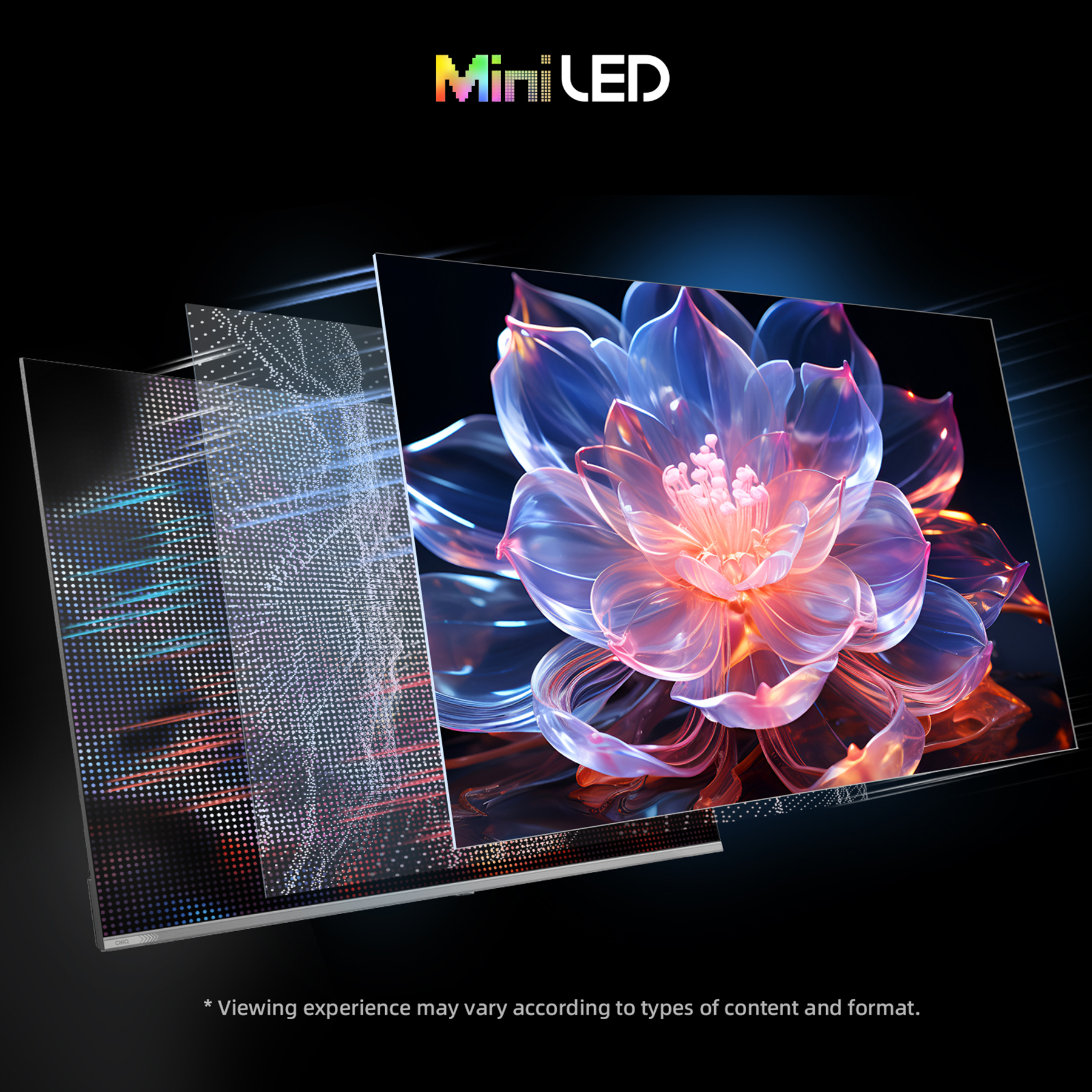 Wyświetlacz Mini LED pokazuje świecącą kwiat i strukturę pikseli.