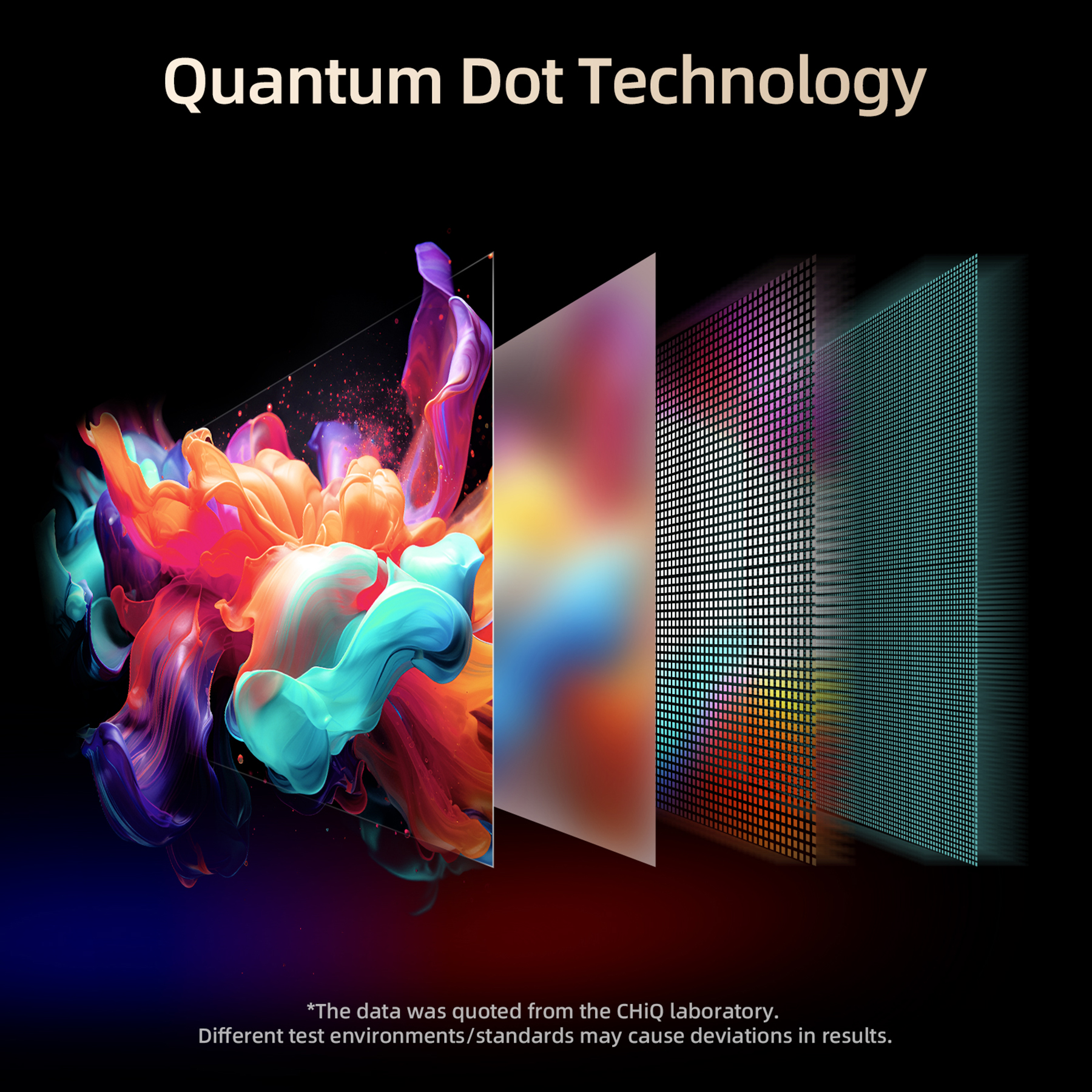 Technologia Quantum Dot: Abstrakcyjne kształty w kolorach pomarańczowym, turkusowym, fioletowym i czerwonym eksplodują na czarnym tle.