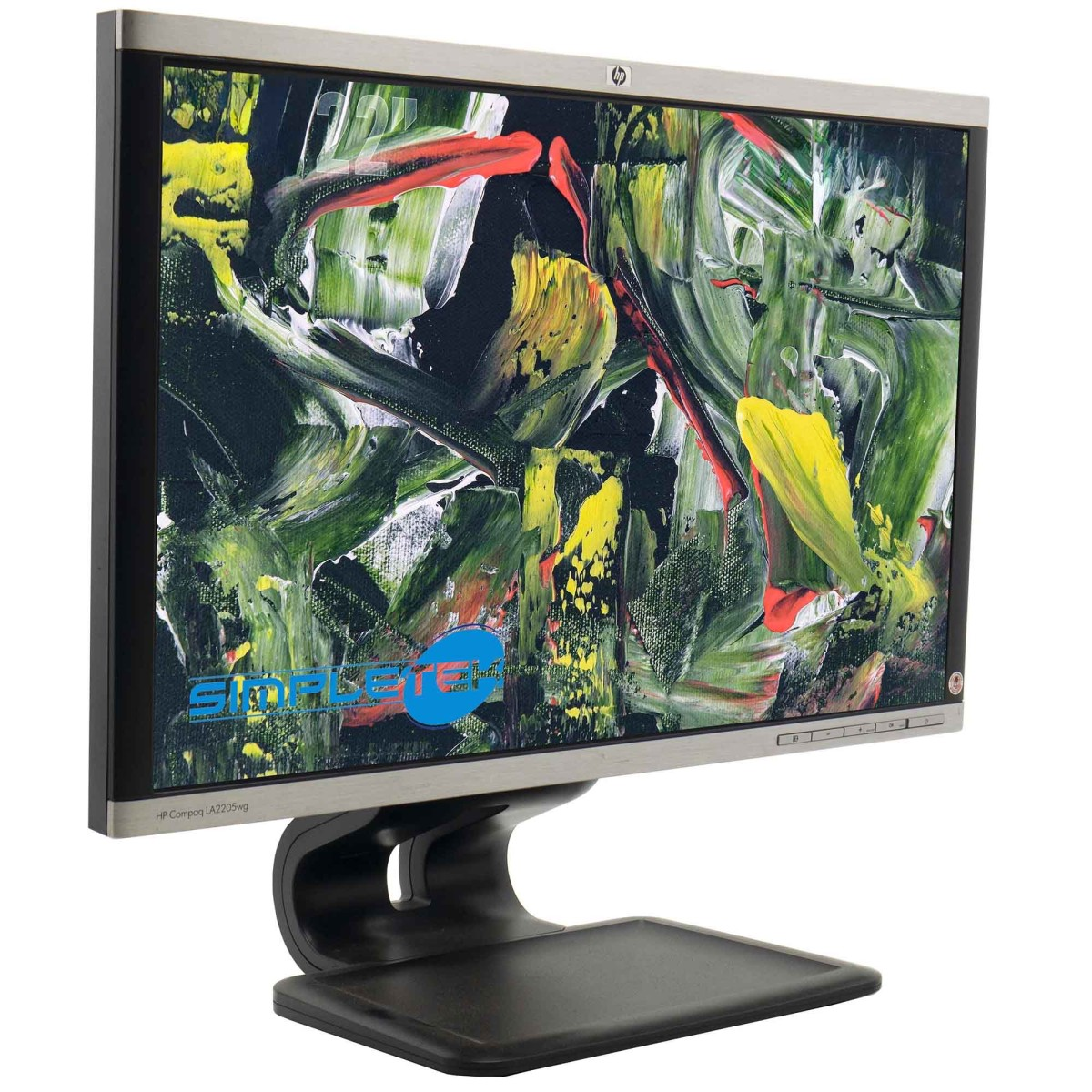 Monitor HP Compaq con uno screensaver astratto e colorato.