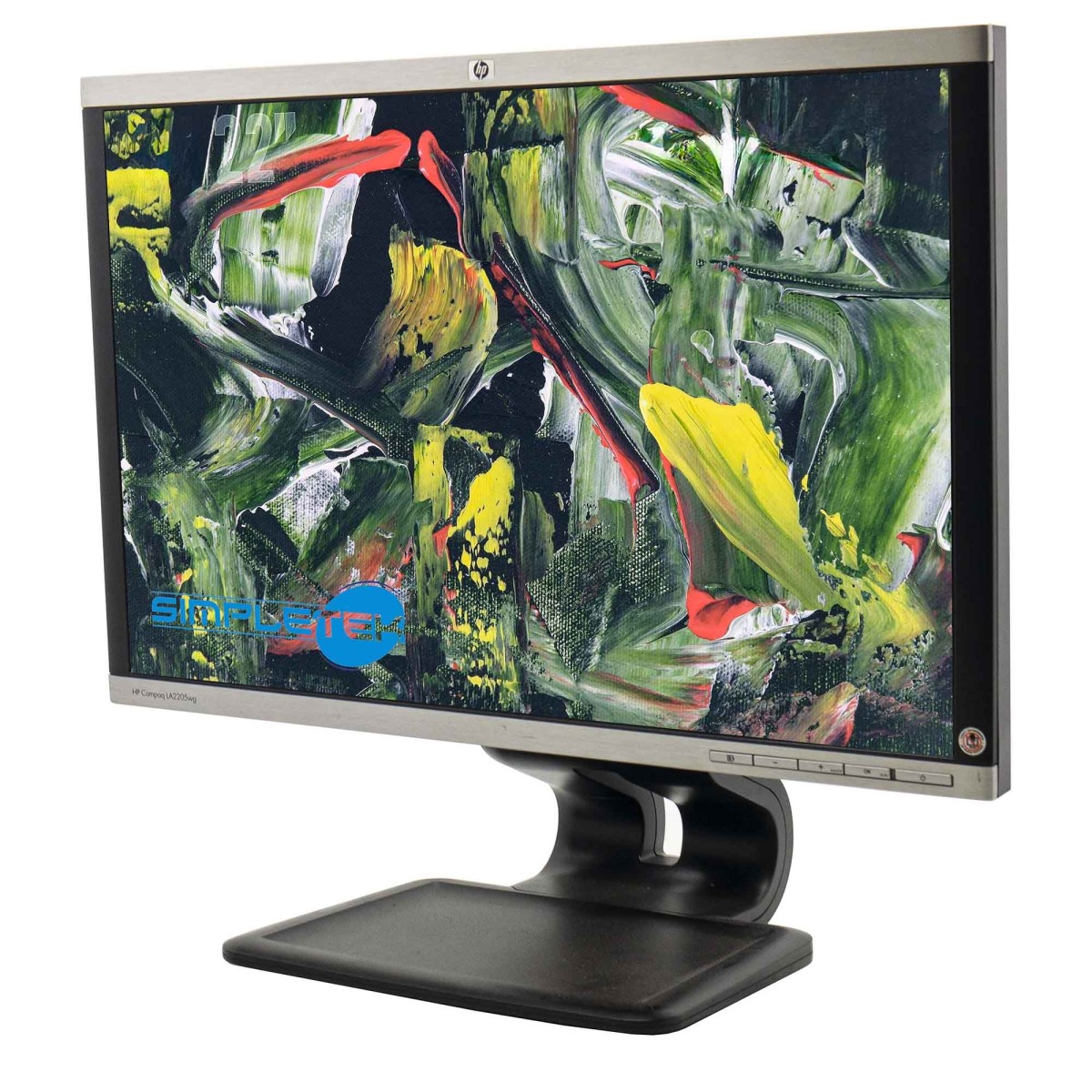 Un monitor HP con un dipinto astratto e colorato sullo schermo.