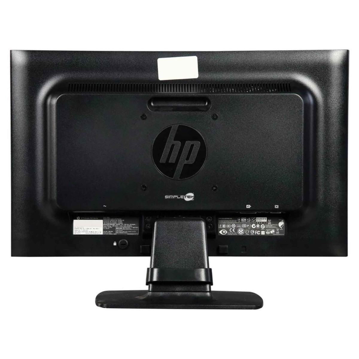 Retro di un monitor HP nero con logo e adesivo.