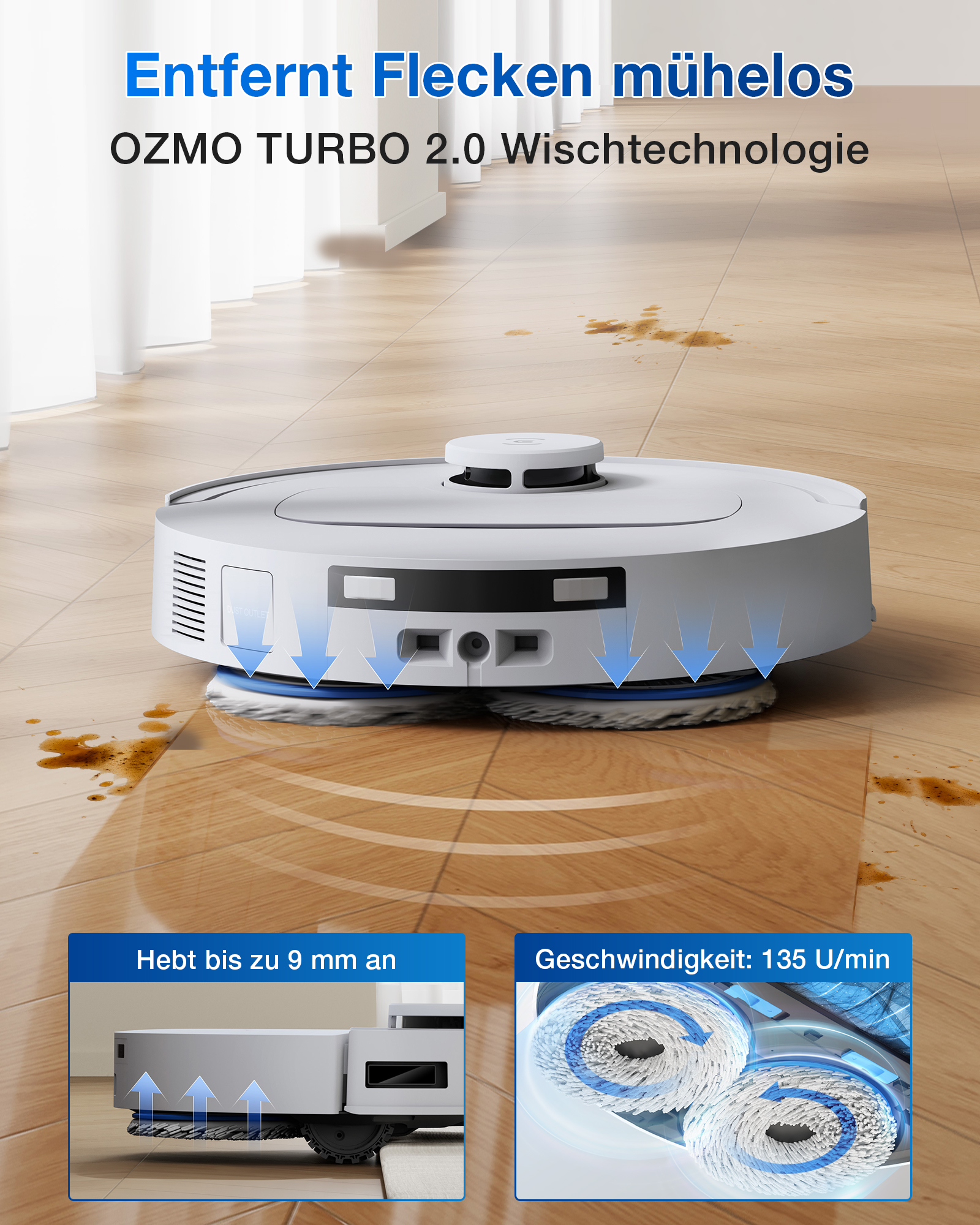 Ein weißer Saugroboter reinigt einen Holzboden mit Flecken. Ozmo Turbo 2.0.