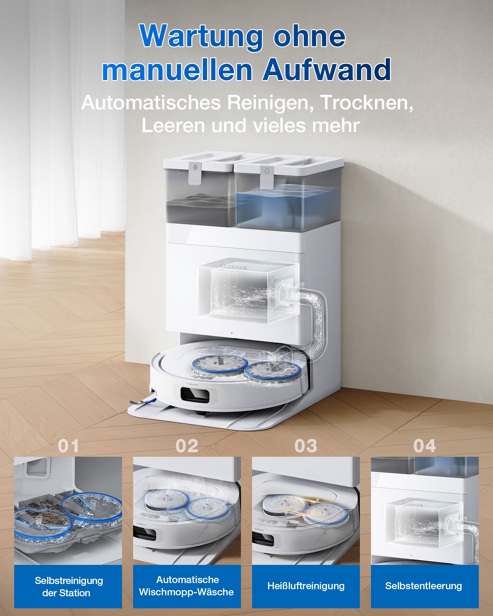 Ein Saugroboter mit Station für automatische Reinigung und Entleerung.