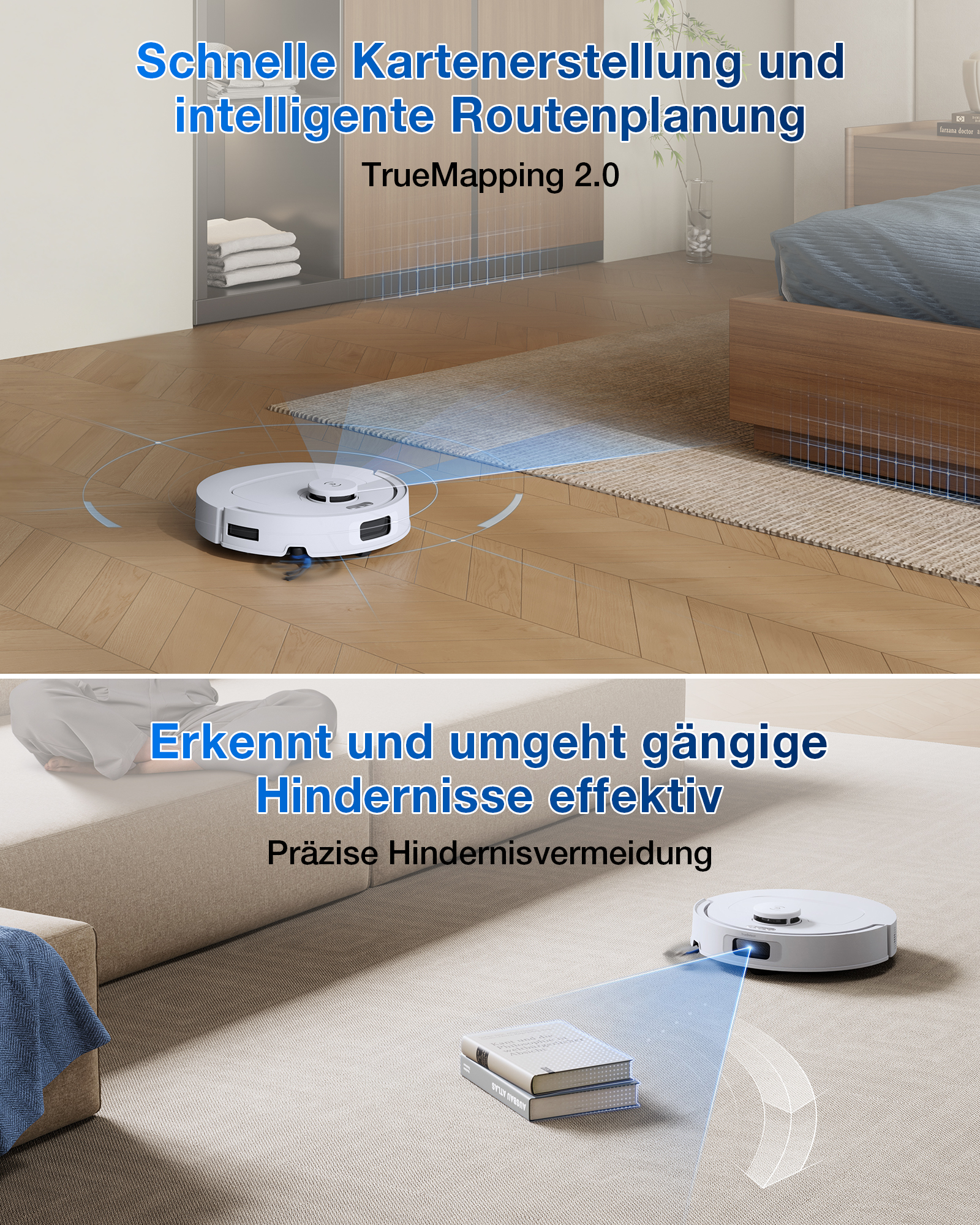 Ein weißer Saugroboter kartiert und umfährt Hindernisse auf einem Teppich.