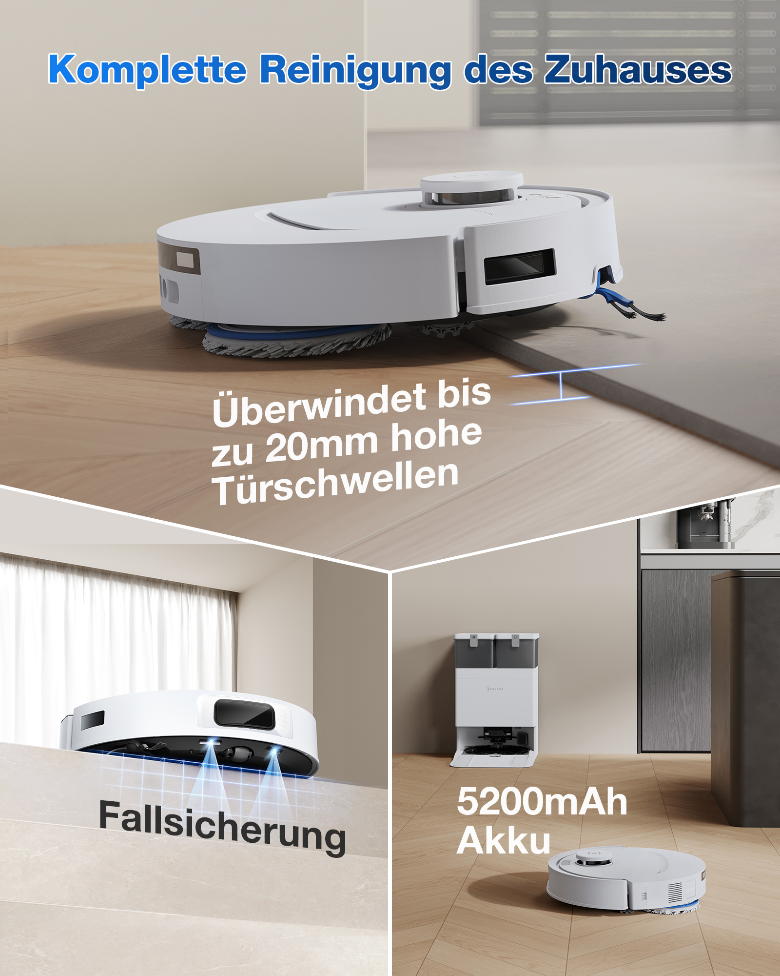 Ein weißer Saugroboter überwindet Schwellen, mit Fallschutz und Akku.