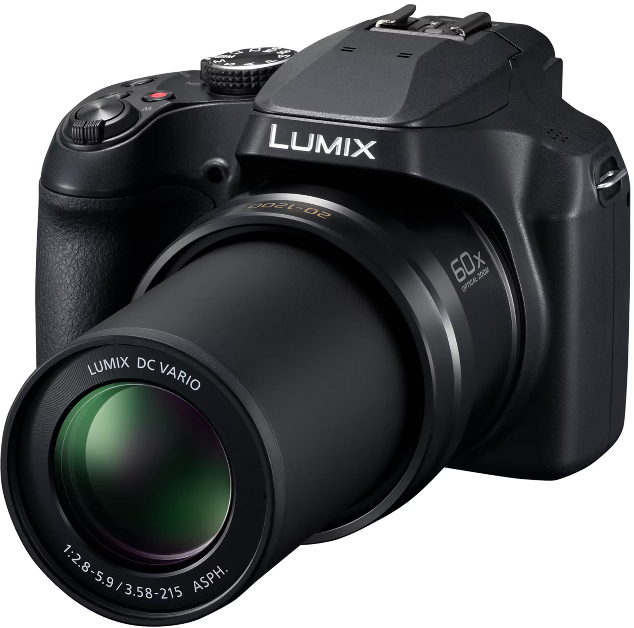 Schwarze Lumix Digitalkamera mit 60-fach optischem Zoom und großem Objektiv.