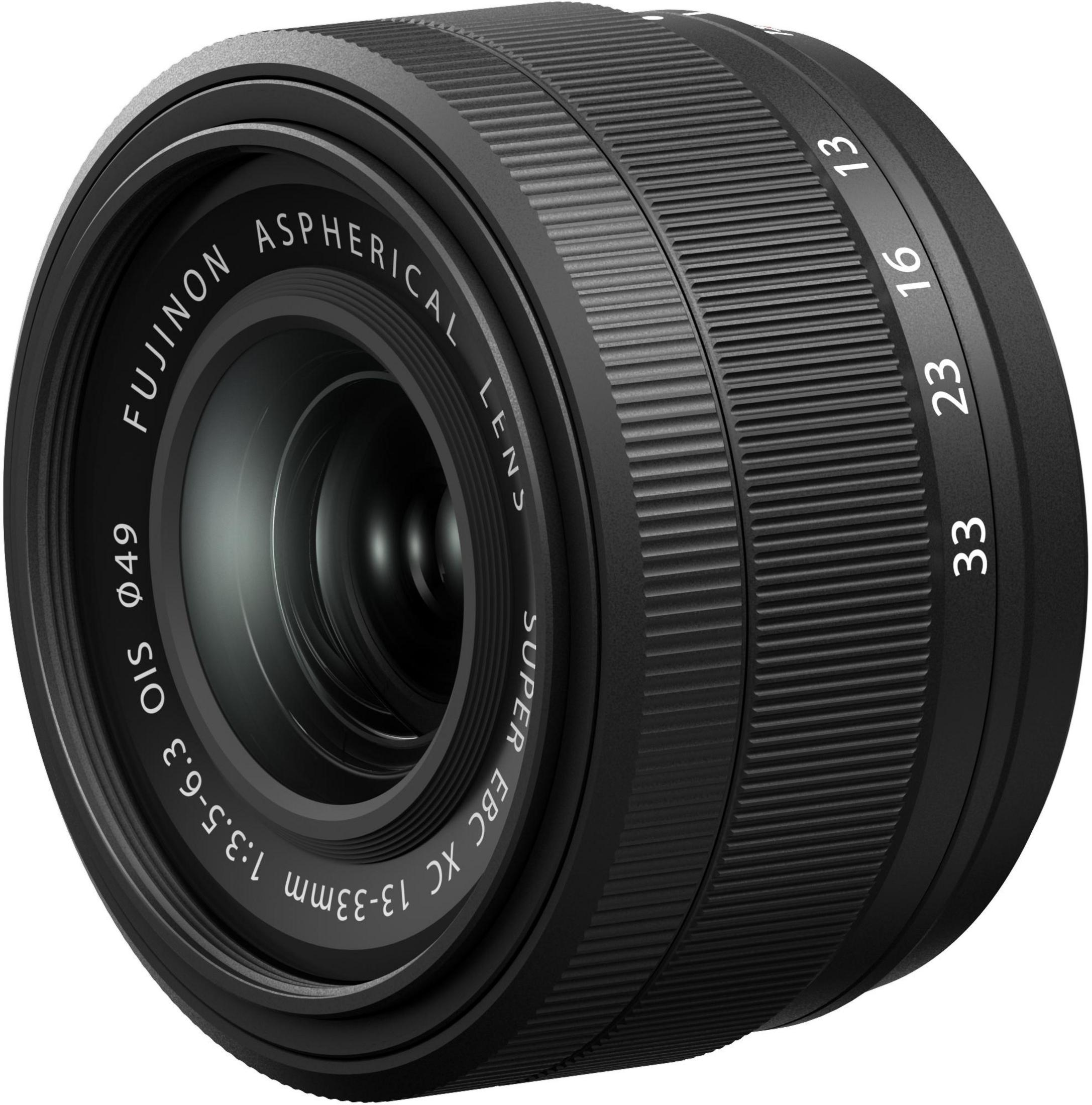 Schwarzes Fujinon Objektiv mit Fokusring und Zoomring, weiße Beschriftung.