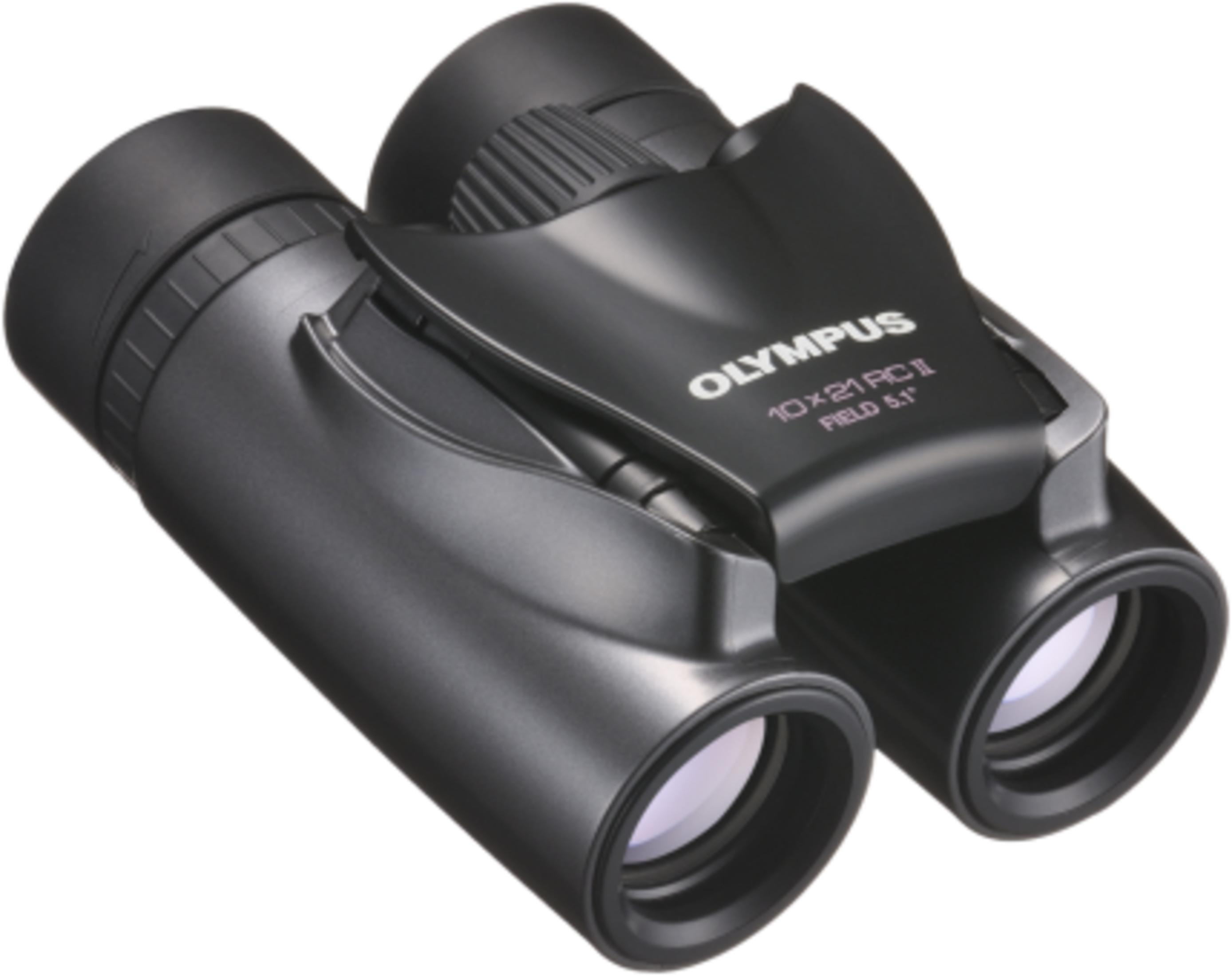 Binocolo nero Olympus 10x21 RC II con rotella di messa a fuoco e testo.