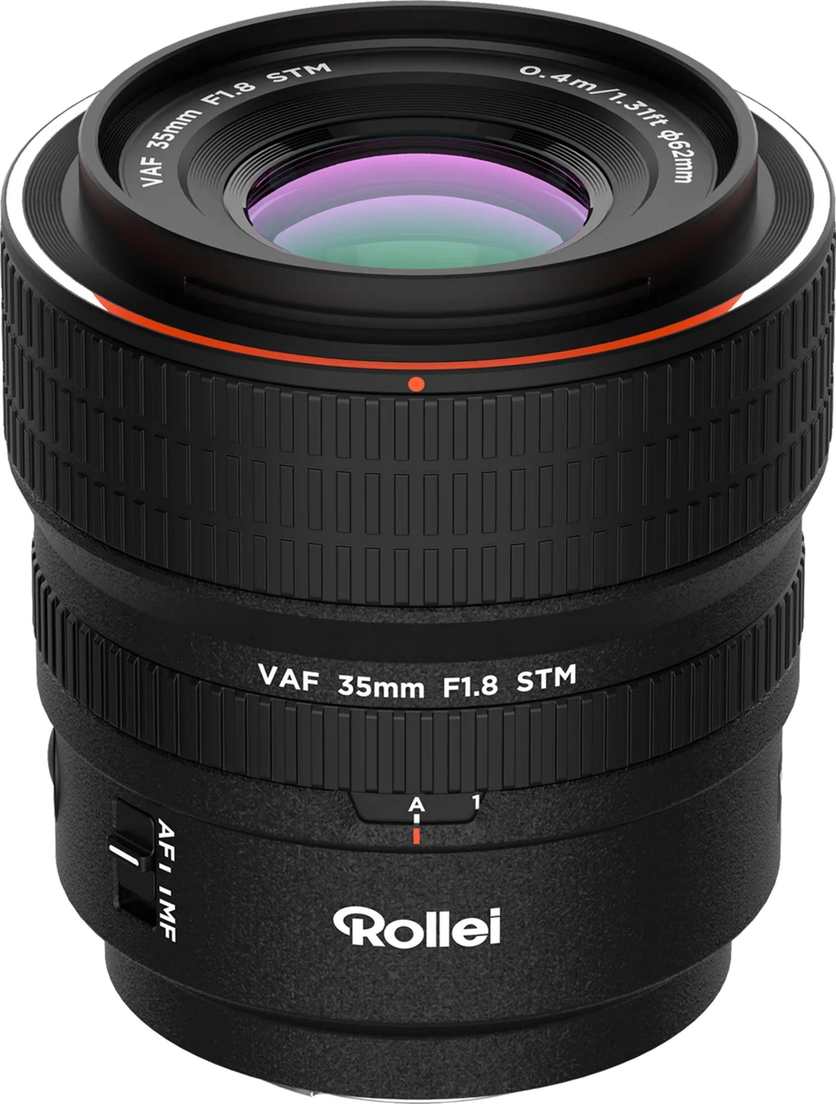 Obiettivo Rollei VAF 35mm F1.8 STM nero con ghiera di messa a fuoco e ghiera diaframma.