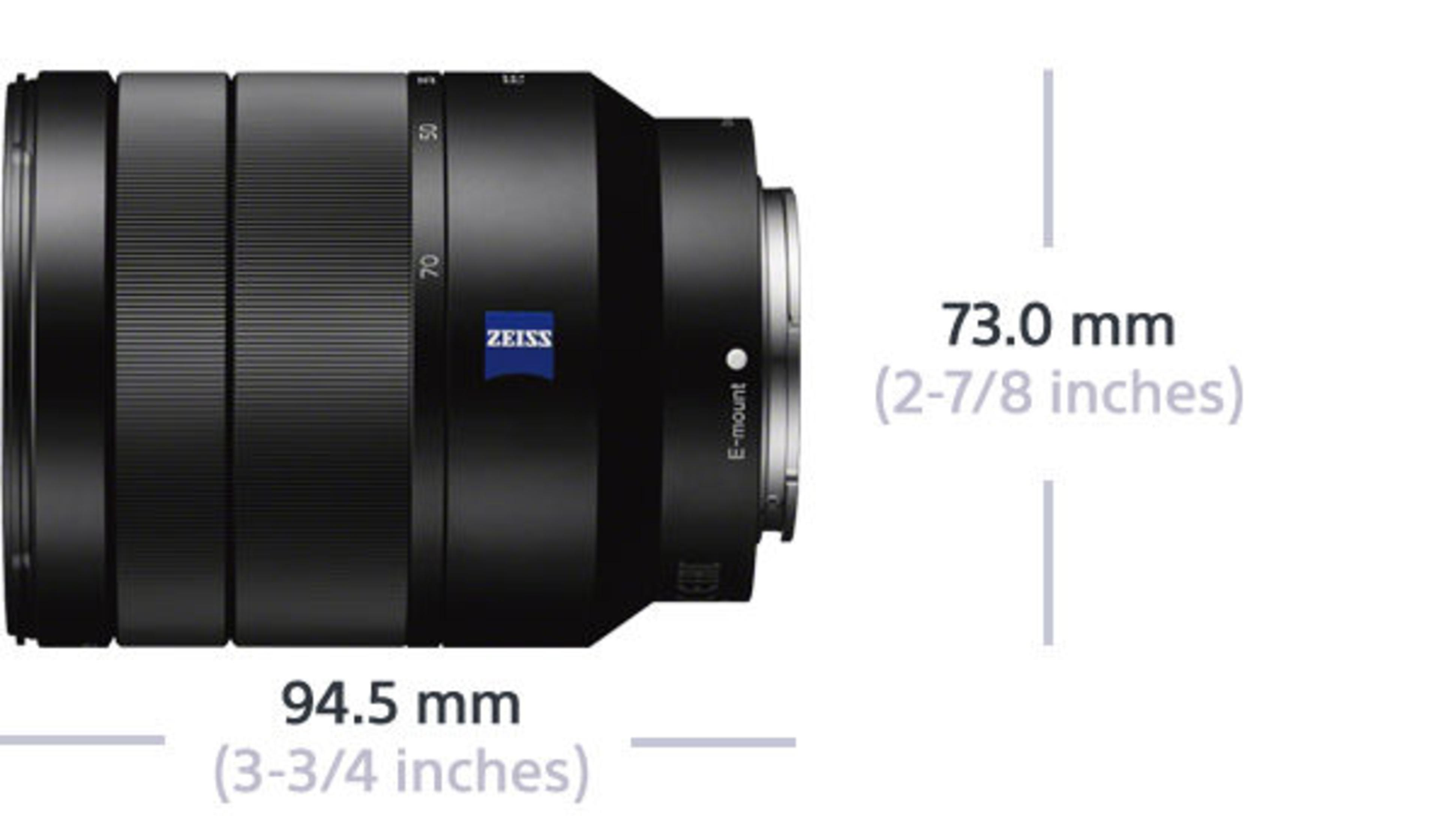 Un lente de cámara negro con logo ZEISS, mide 94.5mm y 73mm.