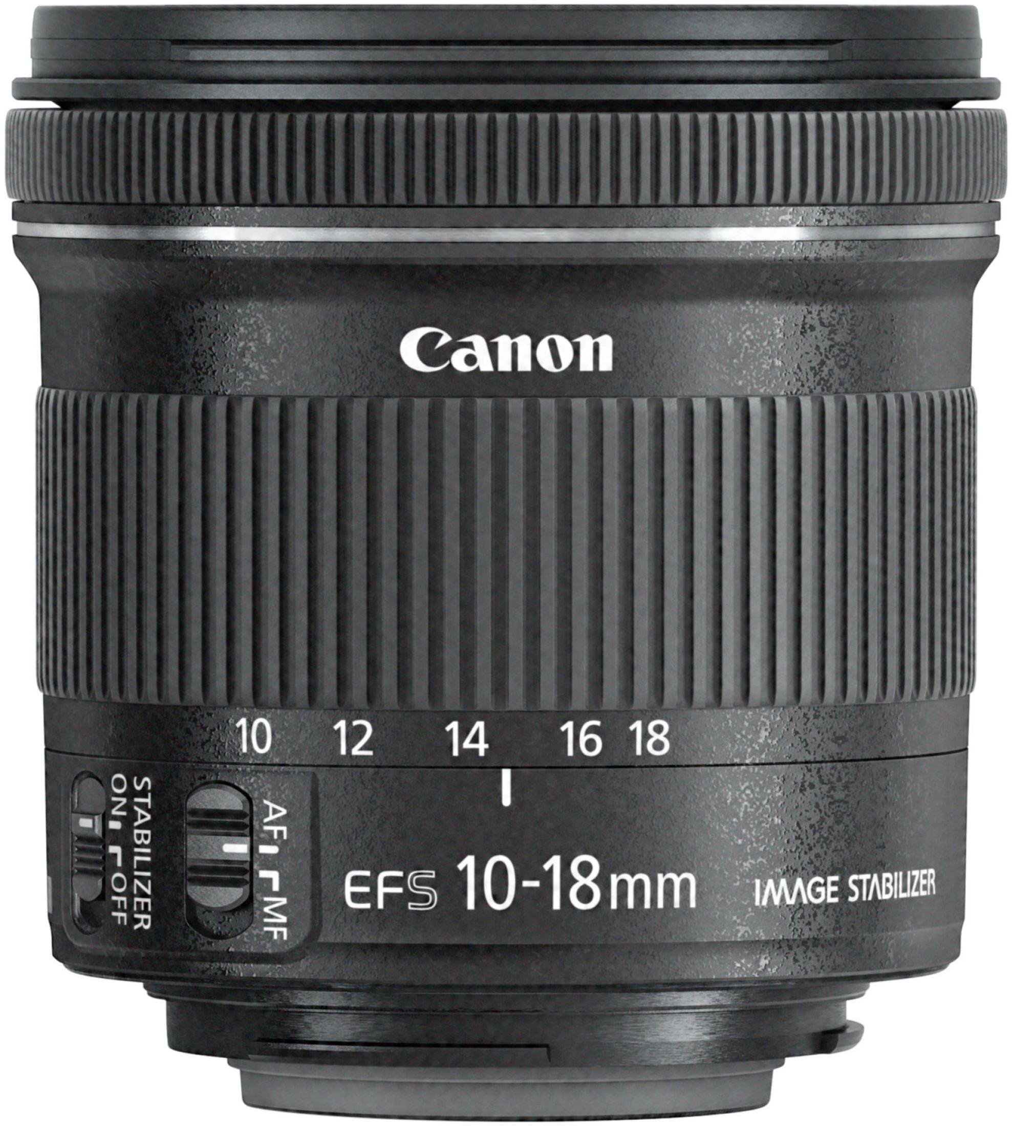 Czarny obiektyw Canon EFS 10-18mm z oznaczeniami i przełącznikami.