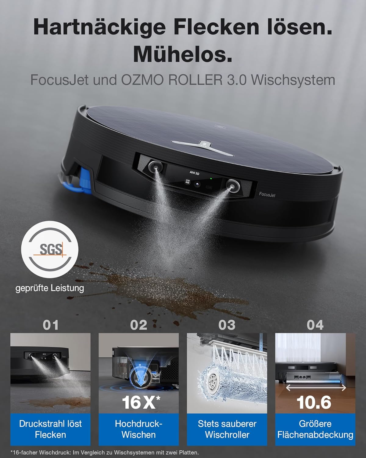 Aspirateur robot noir pulvérise de l'eau sur les taches, avec 4 vues détaillées dessous.