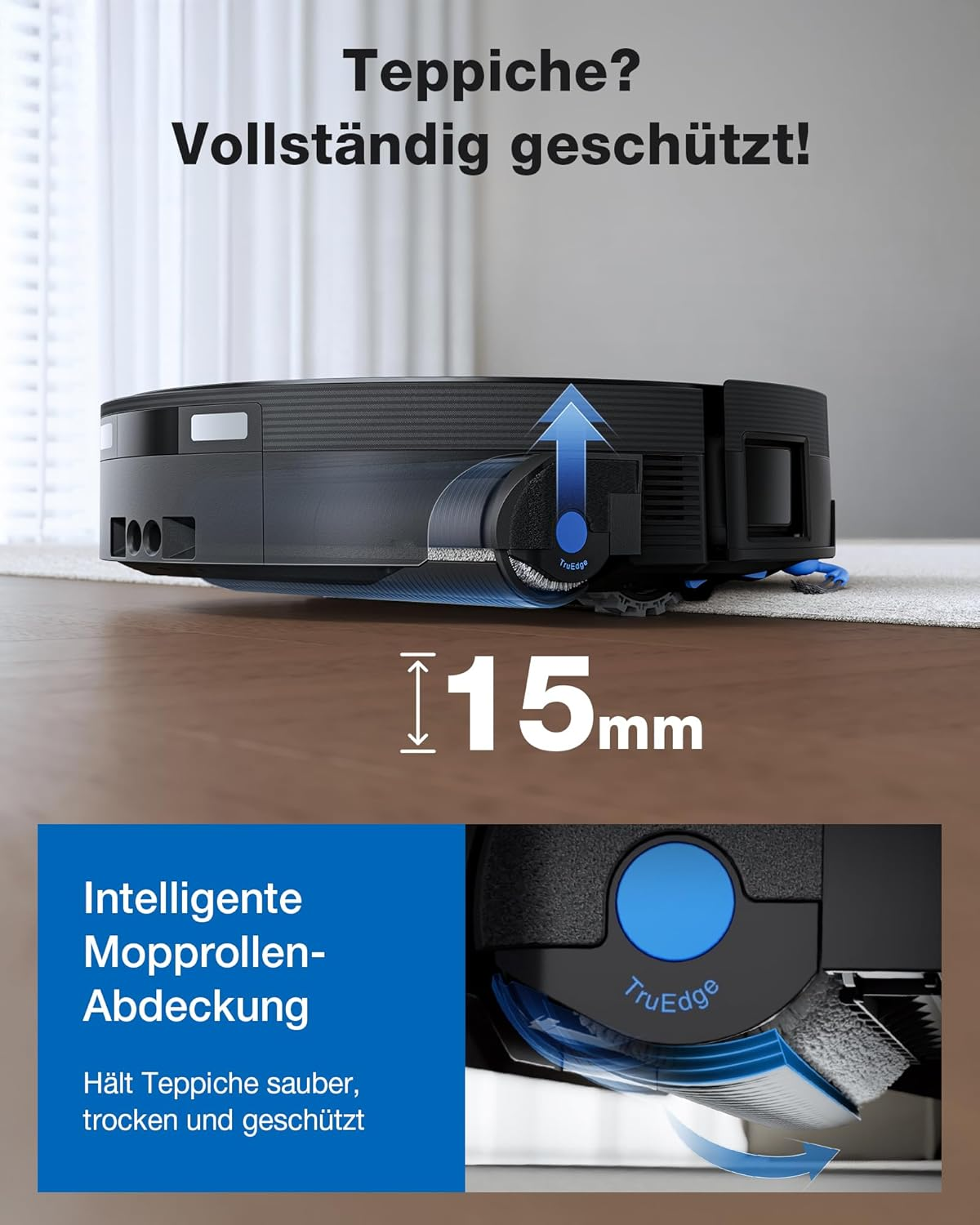 Un robot aspirateur avec détection de tapis de 15 mm soulève son rouleau de serpillère.