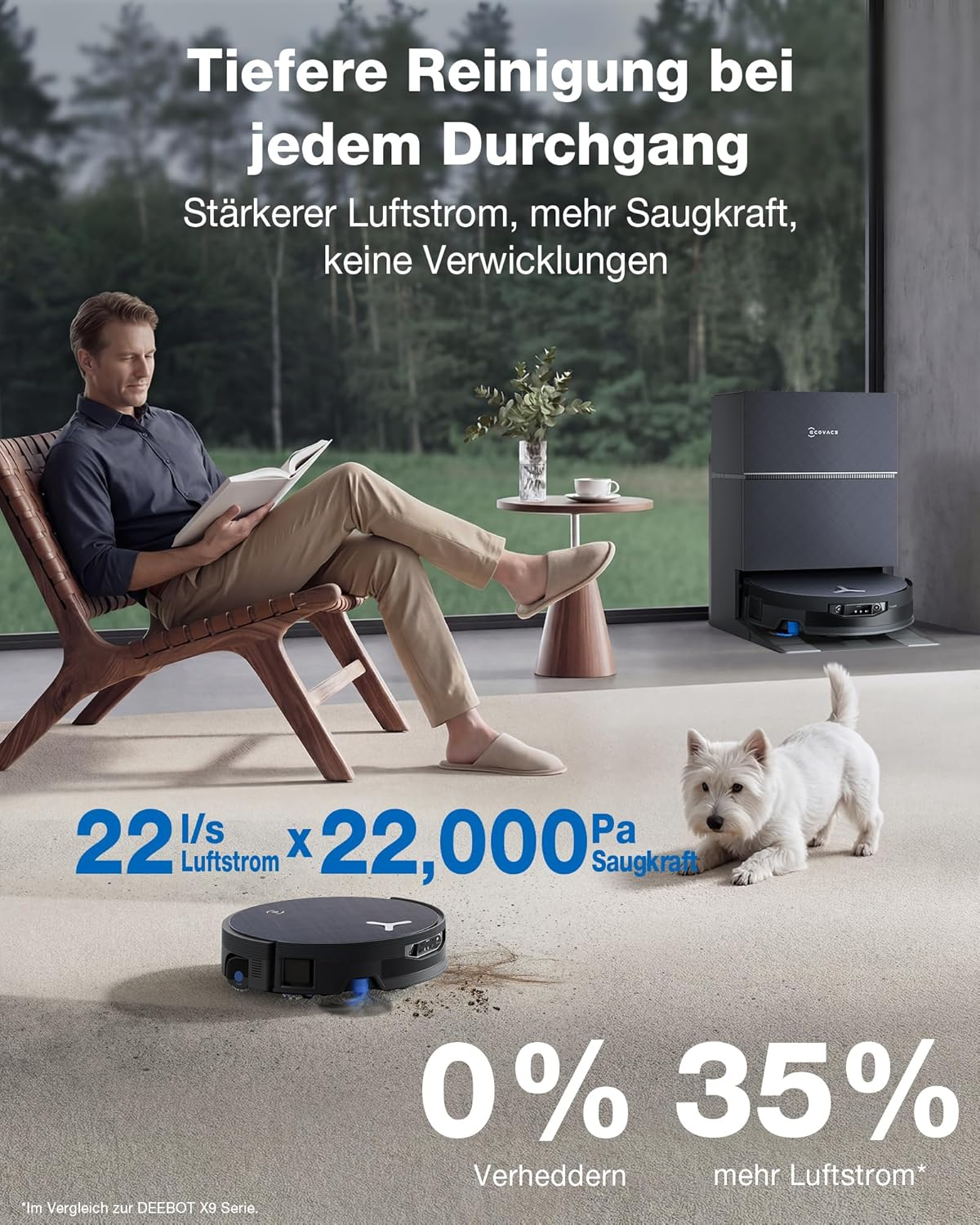 Homme lit livre, robot aspire, chien regarde. Spécifications 22 l/s, 22k Pa.