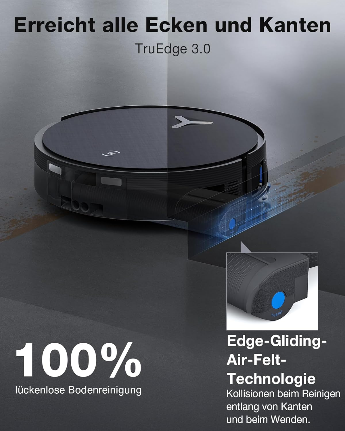 Un aspirateur robot noir avec technologie TruEdge 3.0 sur un sol gris.