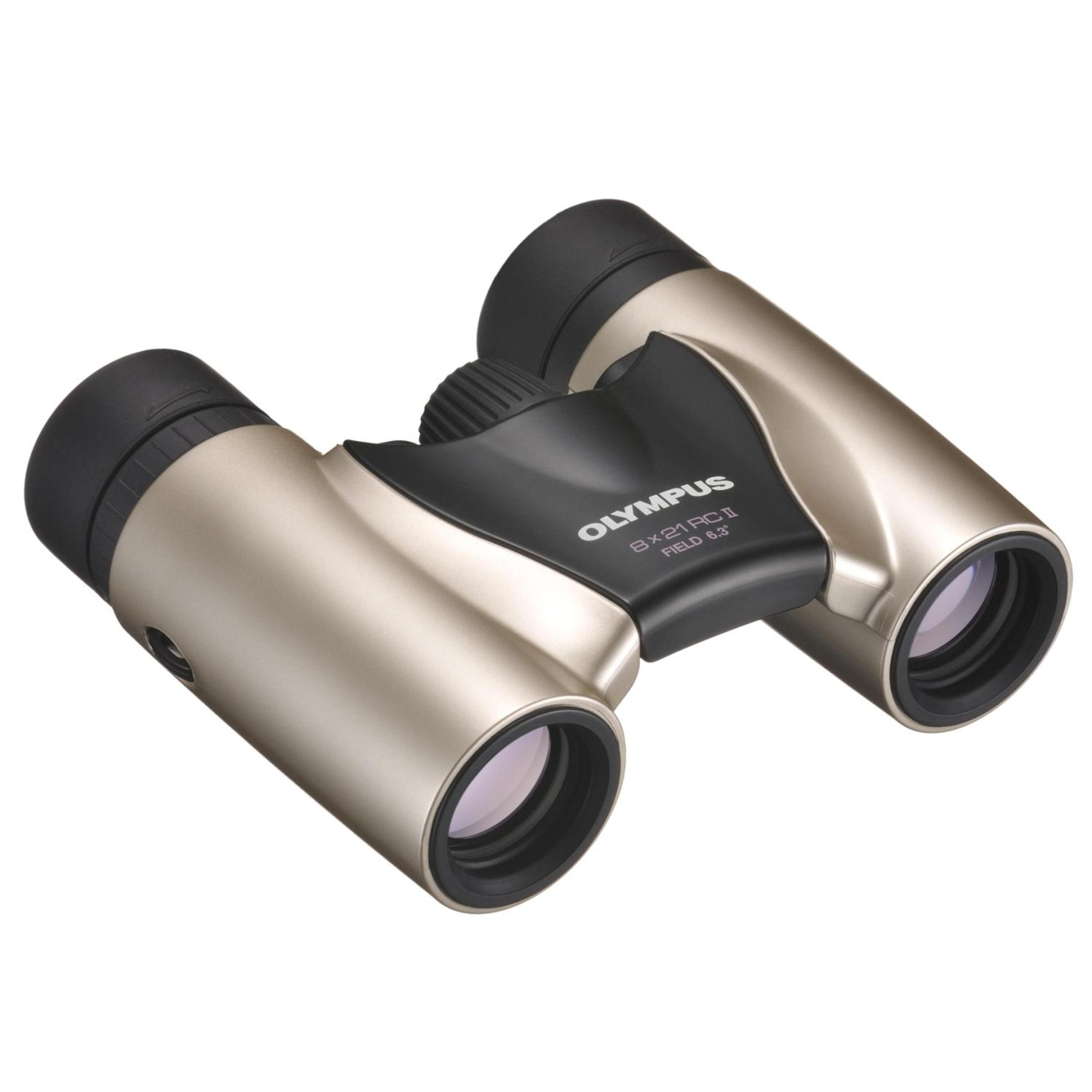 Binocolo Olympus 8x21 RC II oro e nero, su sfondo bianco.