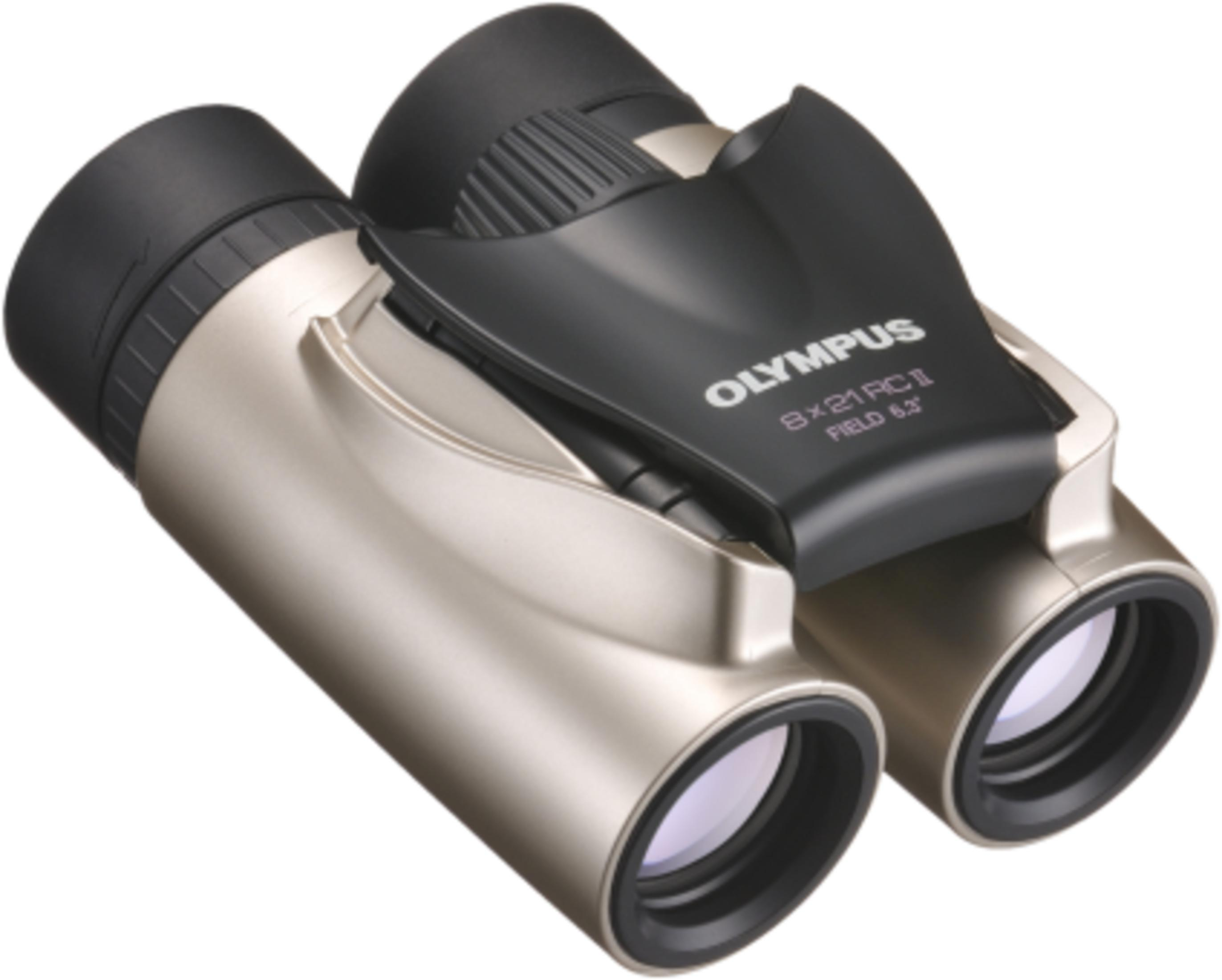 Binocolo Olympus 8x21 RC II oro e nero, su sfondo bianco.