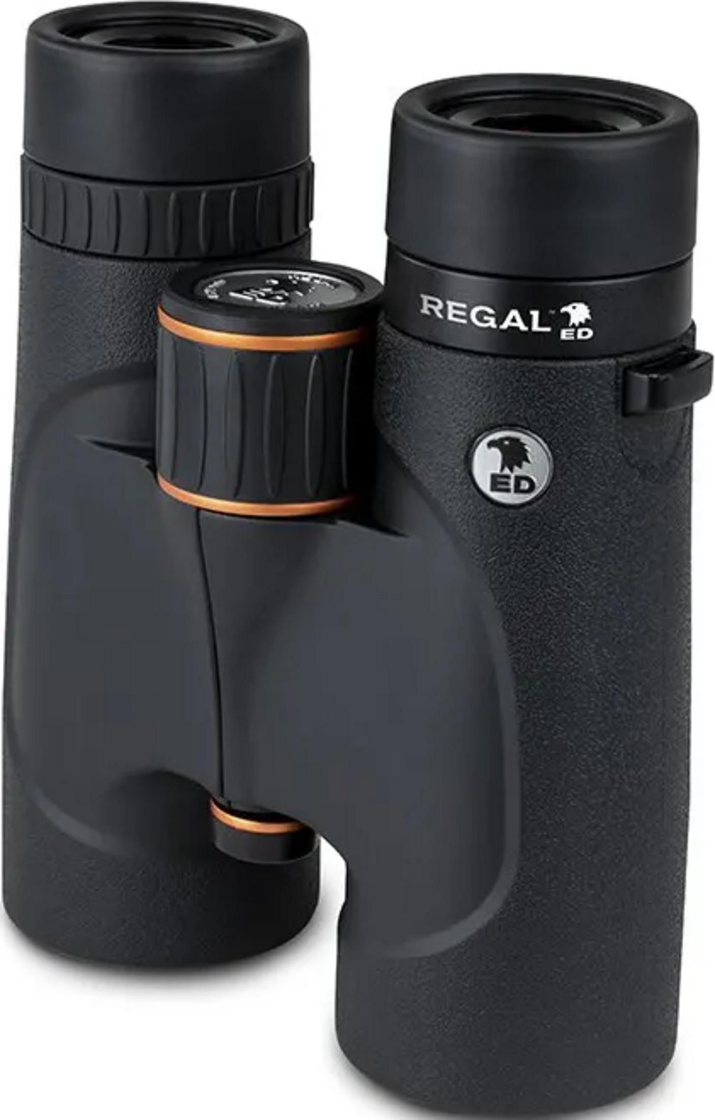 Binocolo nero con accenti arancioni, logo Regal ED.