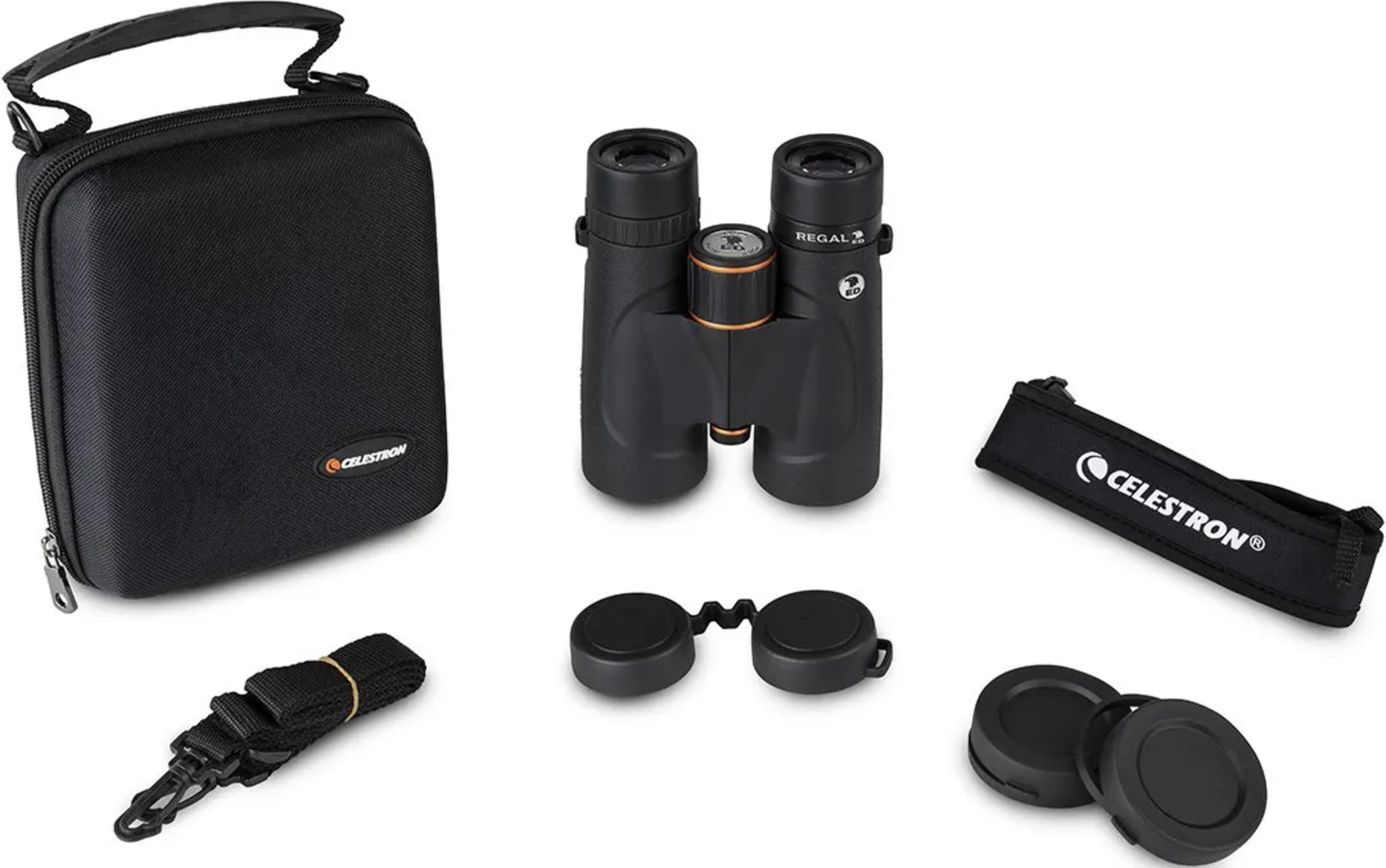 Set di binocoli Celestron neri con custodia, cinghia e copriobiettivi.