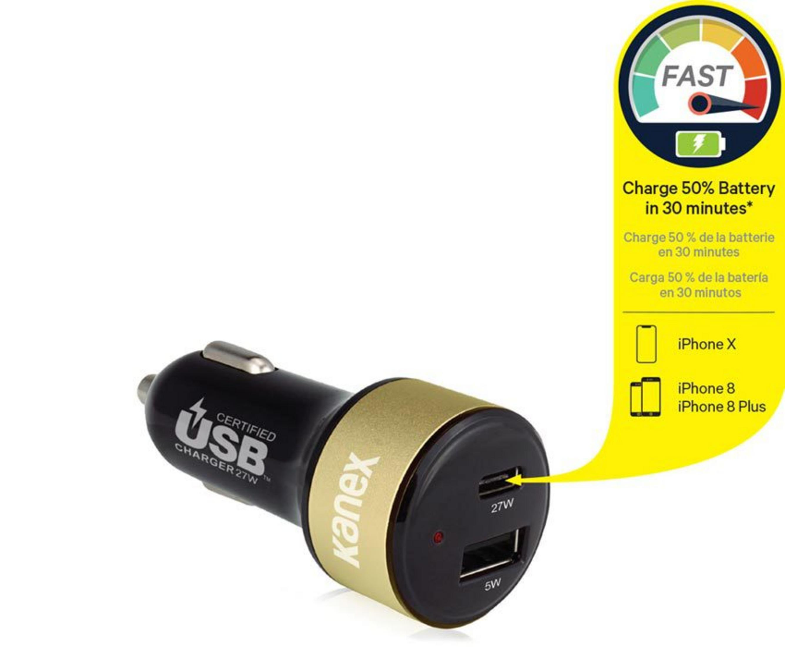 Ein schwarzer Kanex USB-Autoladegerät mit zwei Anschlüssen (27W und 5W) und goldener Umrandung.