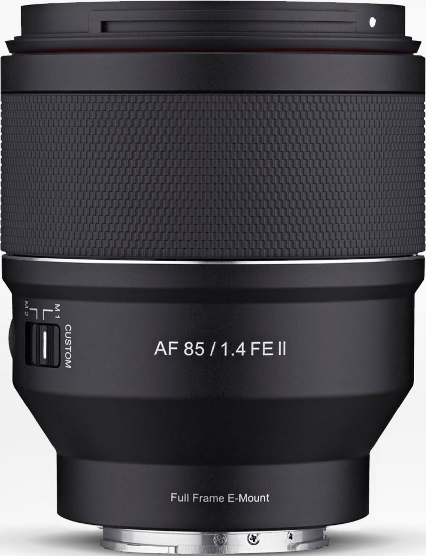 Schwarz Objektiv mit AF 85/1.4 FE II und Full Frame E-Mount-Aufschrift.