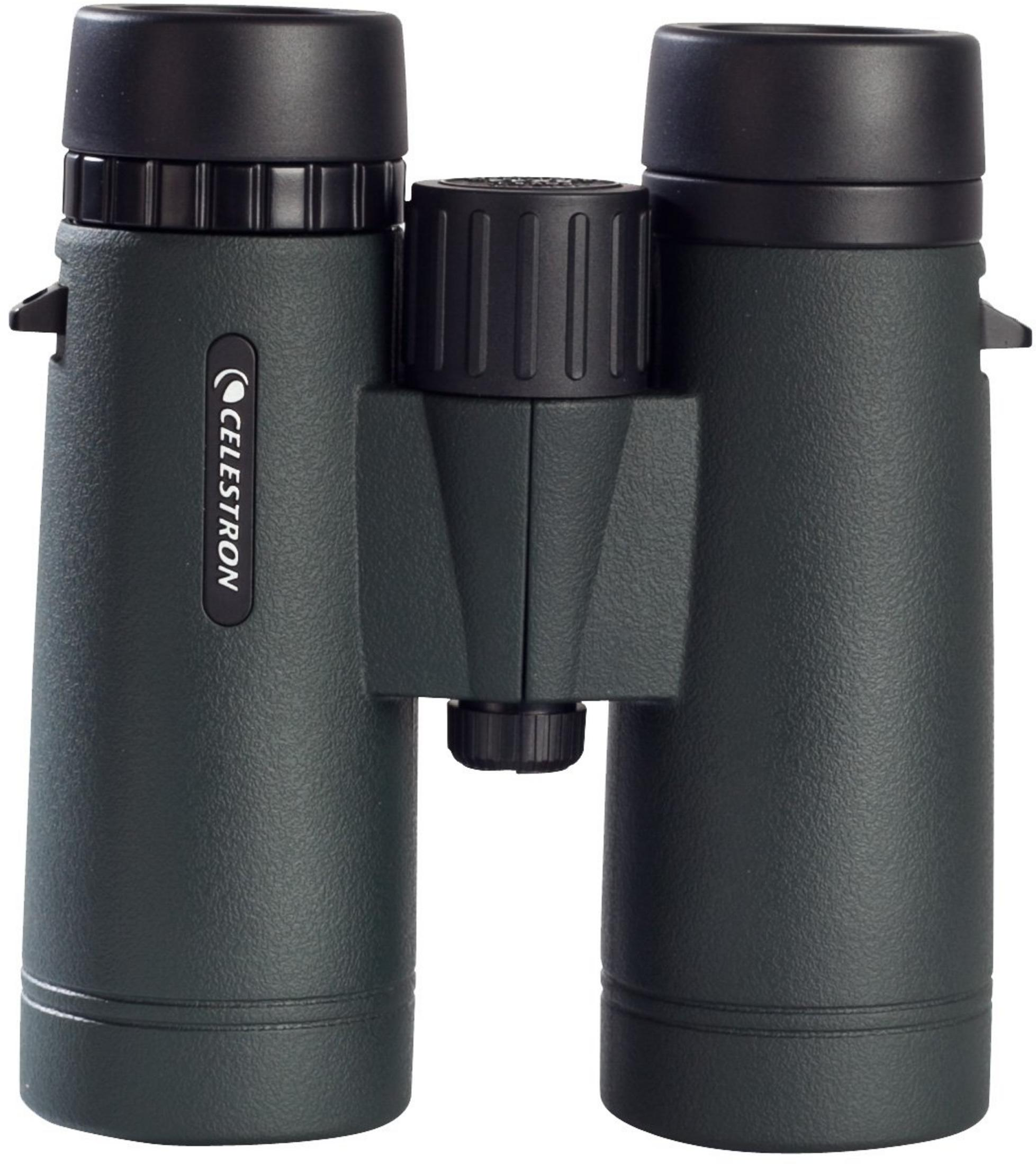 Binocolo Celestron verde scuro con tappi neri e rotella di messa a fuoco.