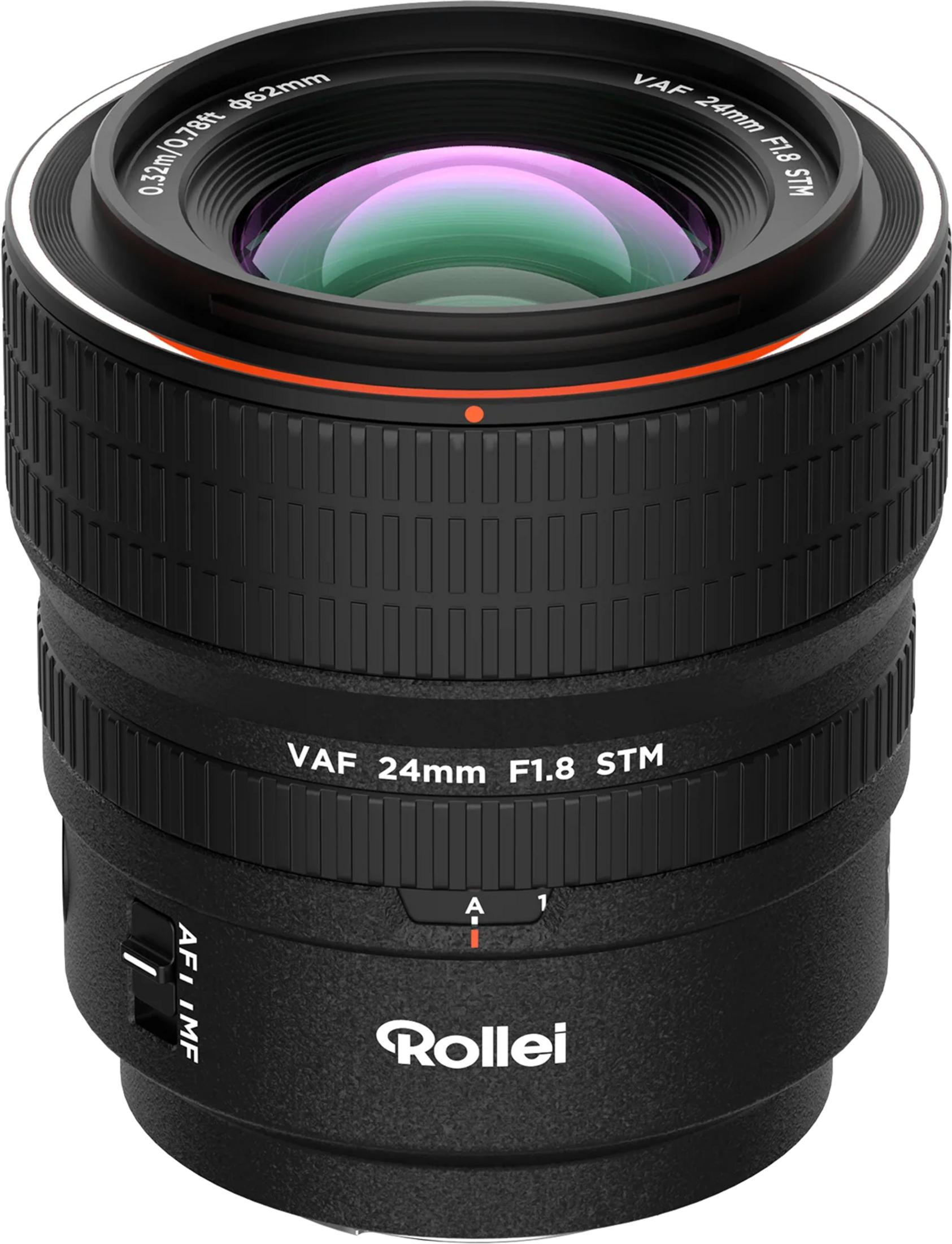 Zwarte Rollei VAF 24mm F1.8 STM lens met scherpstelring en schakelaar.