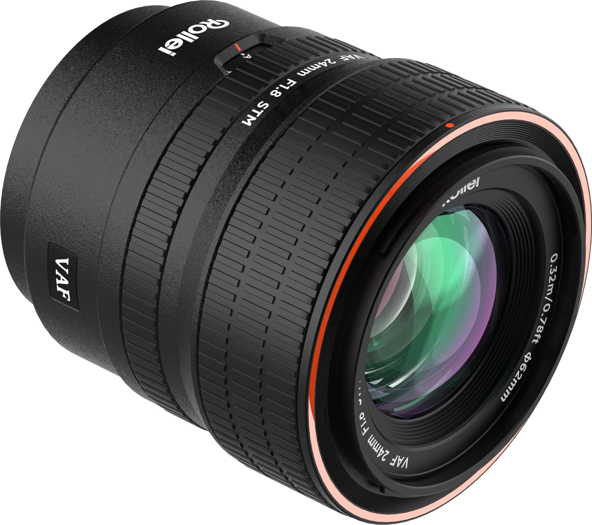 Zwarte Rollei 24mm F1.8 STM lens met focus- en diafragmaringen.