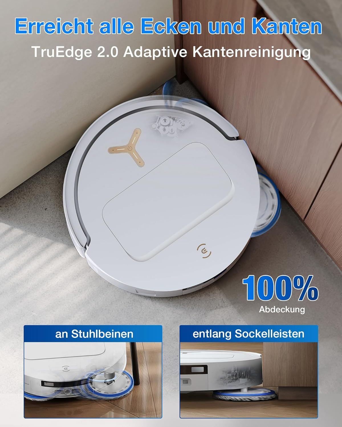 Ein weißer Saugroboter reinigt nahe einer Ecke und Kante.