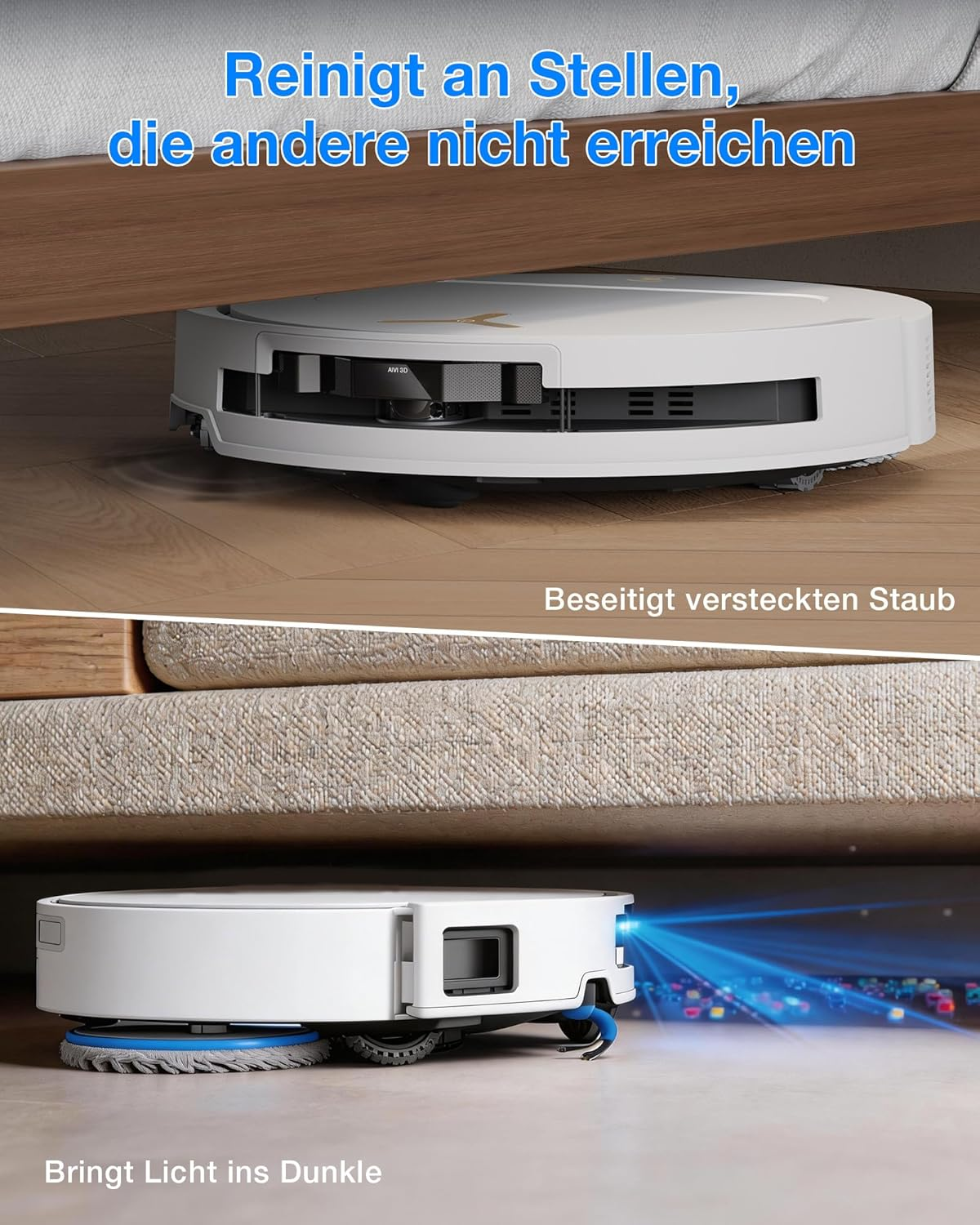 Ein weißer Saugroboter reinigt unter einem Bett und unter einem Sofa.