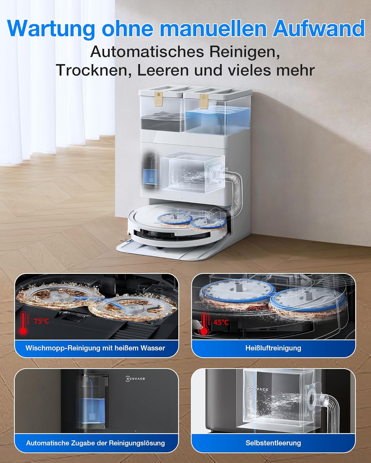 Ein Roboterstaubsauger mit Dock, zeigt verschiedene Reinigungsfunktionen.