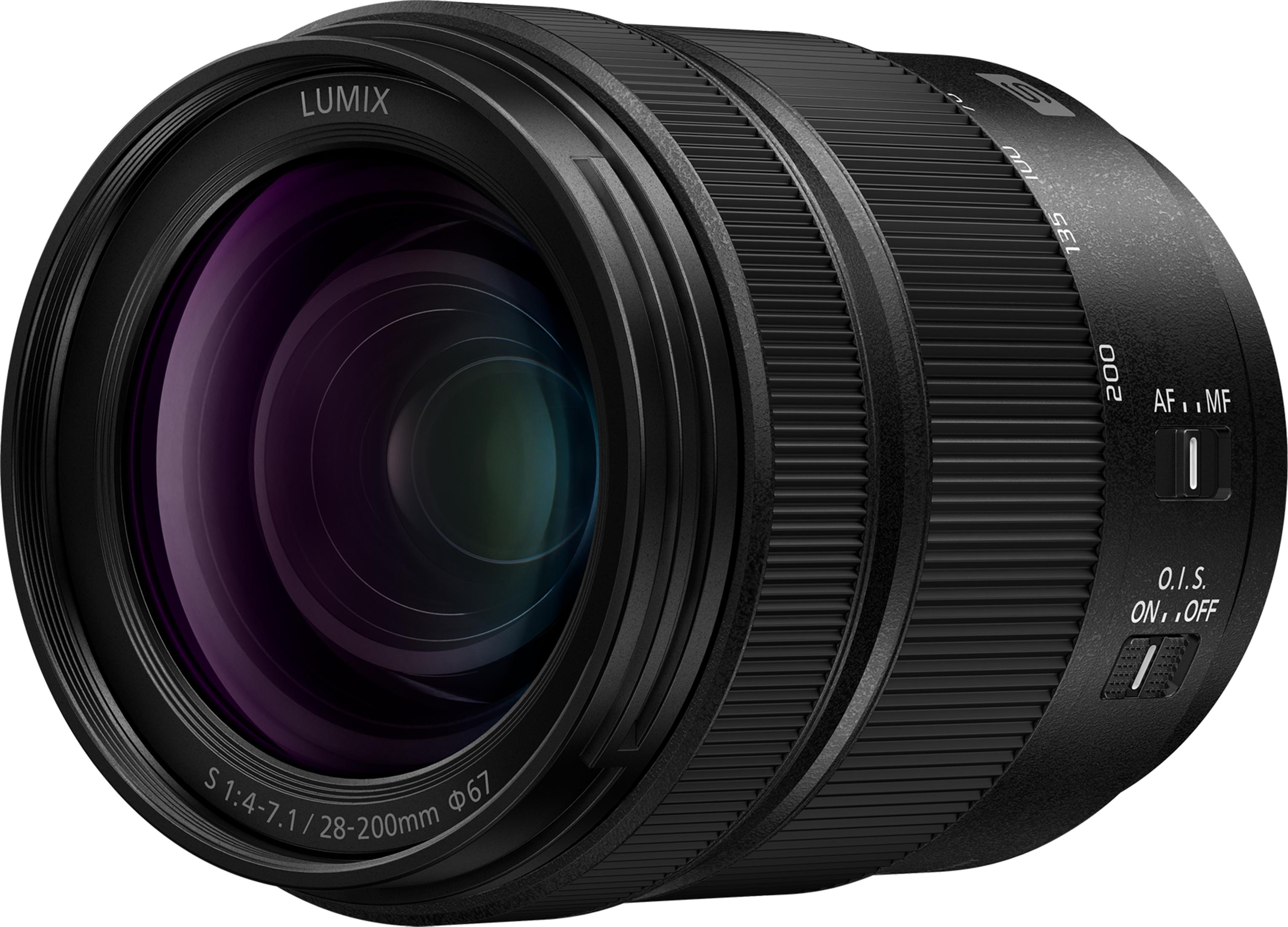 Ein schwarzes Lumix Objektiv mit Zoomring und Fokus-/Stabilisatorschaltern.