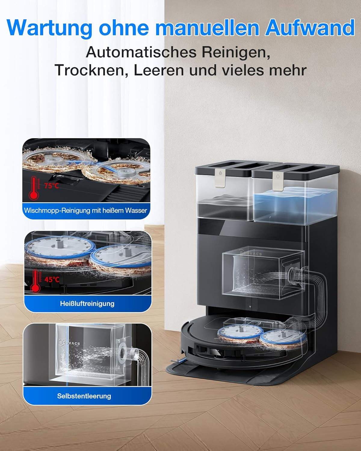 Roboterstaubsauger mit Dockingstation: Heißwasserreinigung, Heißluftreinigung, Selbstentleerung.