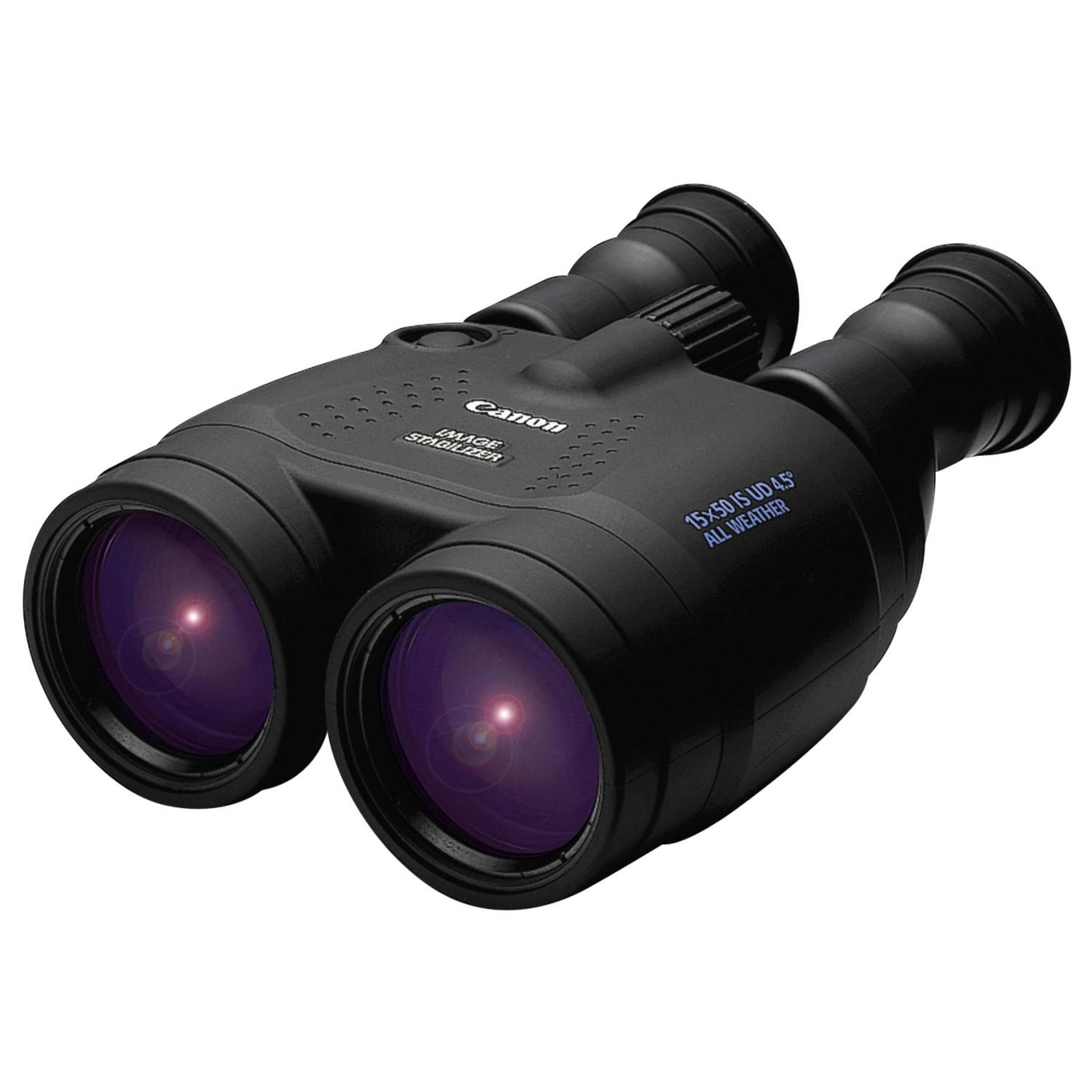 Schwarze Canon Fernglas mit Bildstabilisator und lila Linsen.