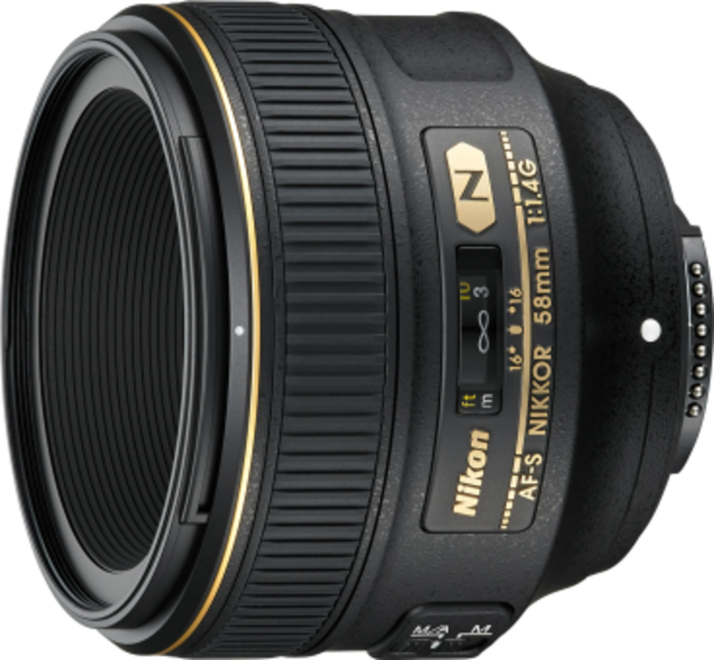Un obiettivo Nikon AF-S NIKKOR 58mm 1:1.4G nero con accenti dorati e marcature di messa a fuoco.