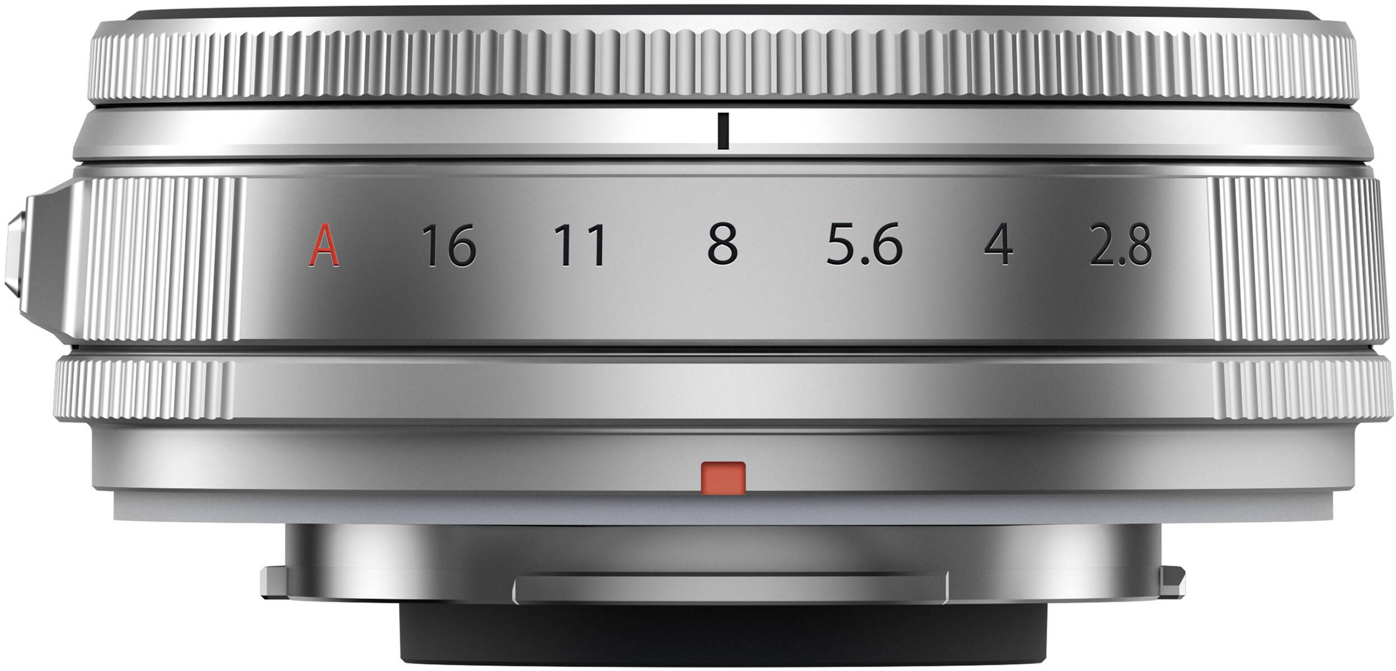 Obiettivo fotocamera argento con ghiera dei diaframmi che mostra i segni A, 16, 11, 8, 5.6, 4, 2.8.
