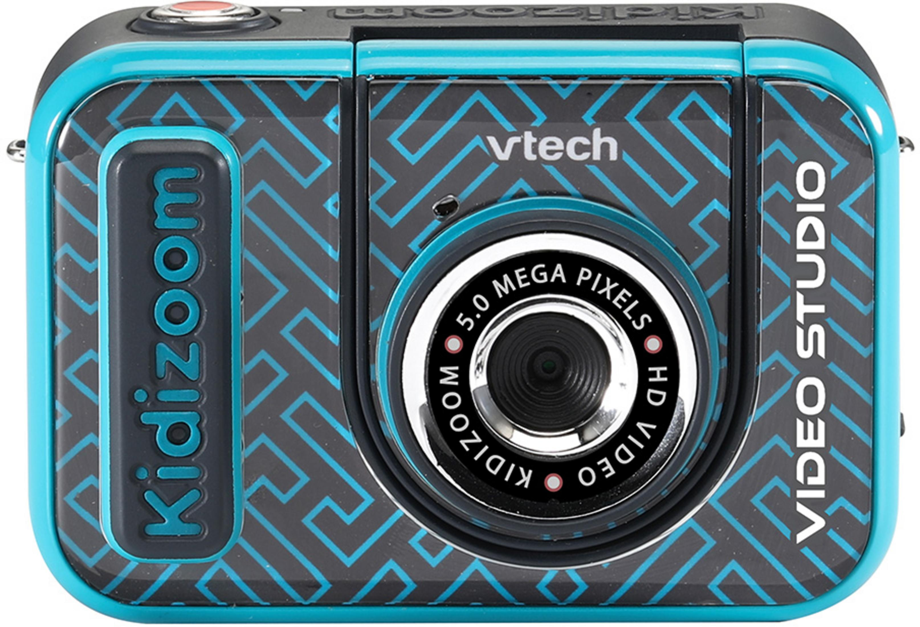 Eine blaue und graue VTech Kidizoom Digitalkamera mit Labyrinthmuster.