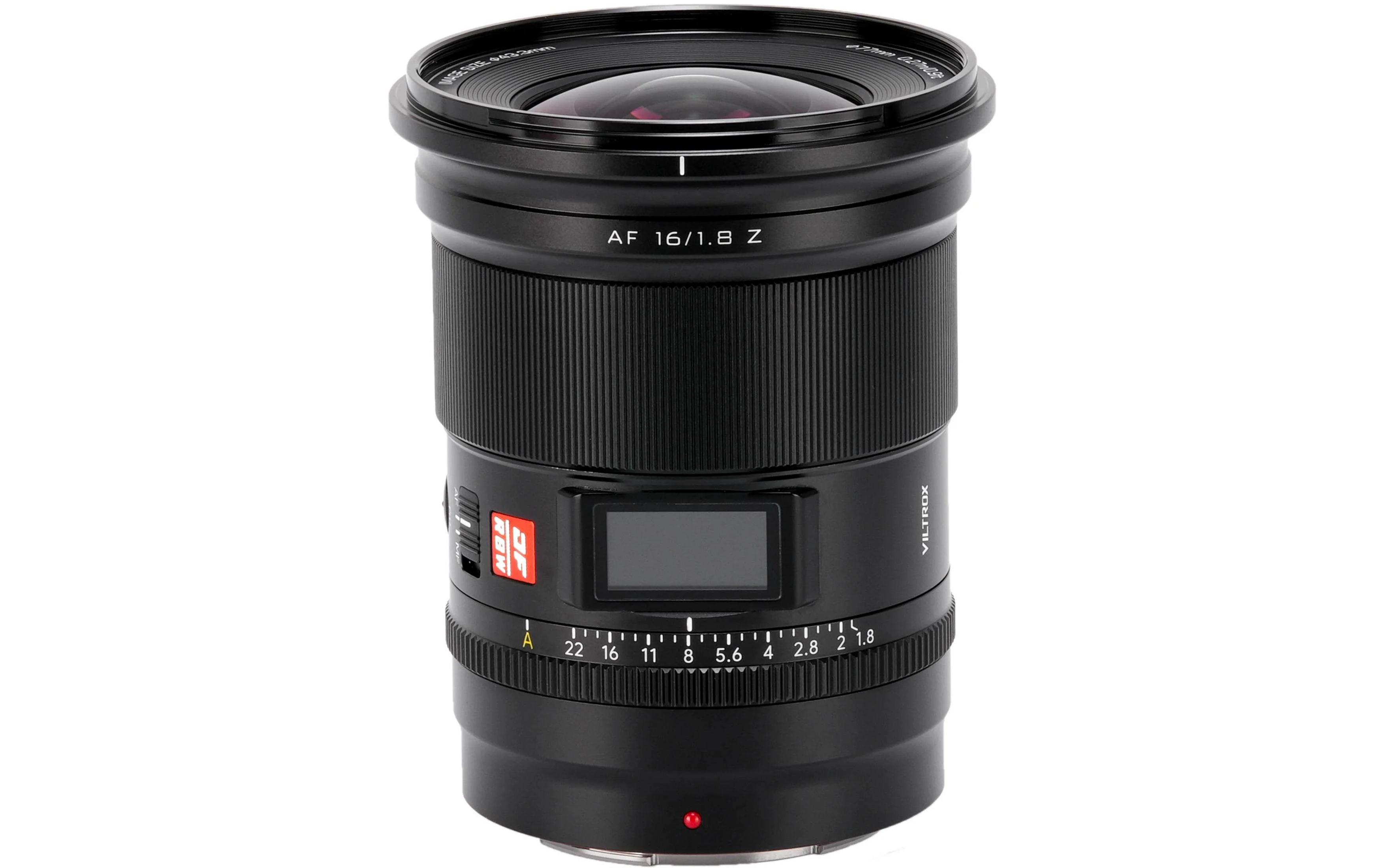 Schwarzes Viltrox AF 16/1.8 Z Objektiv mit Blendenring und Display.