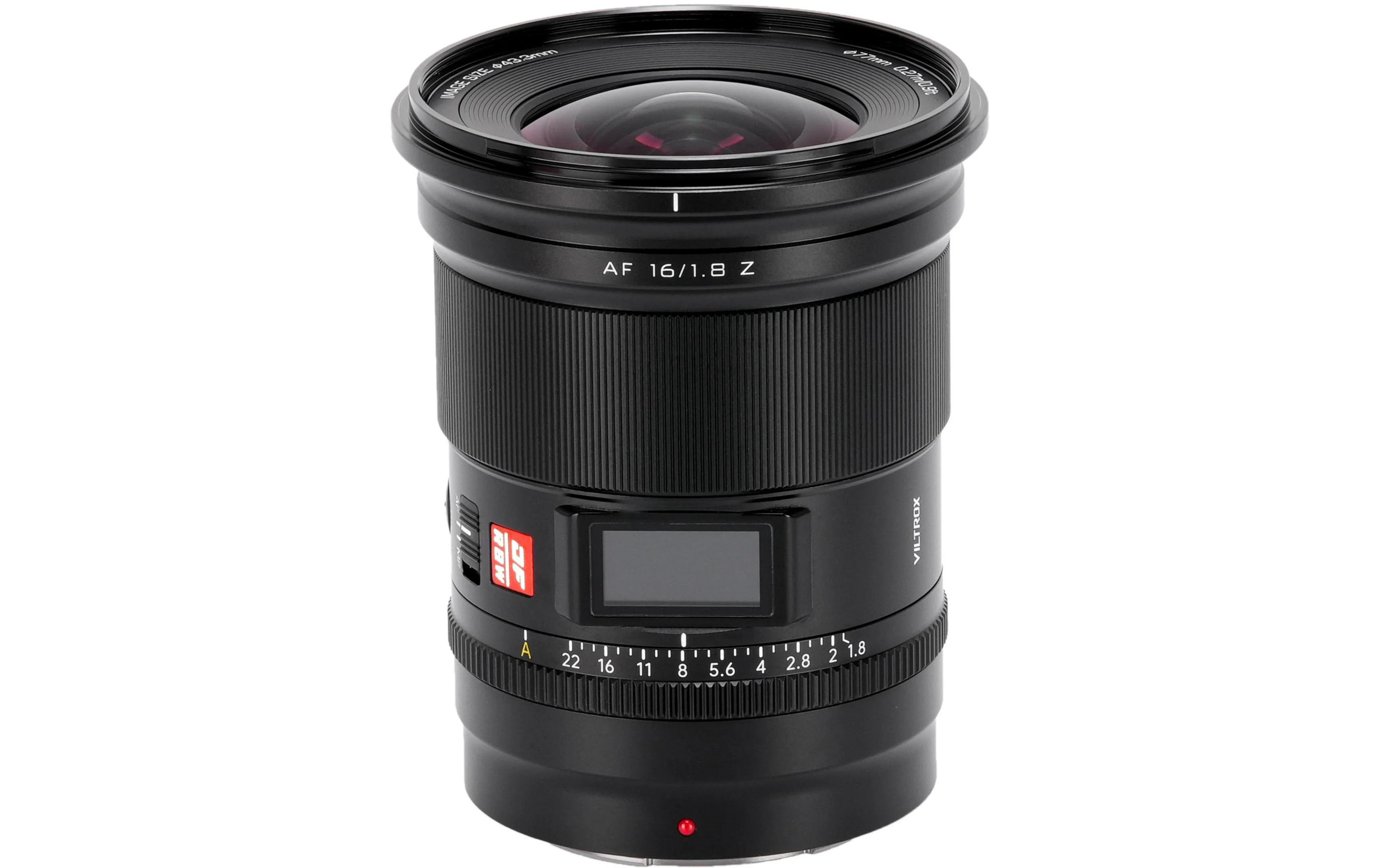 Ein schwarzes Viltrox AF 16/1.8 Z Objektiv mit Blendenring und Display.