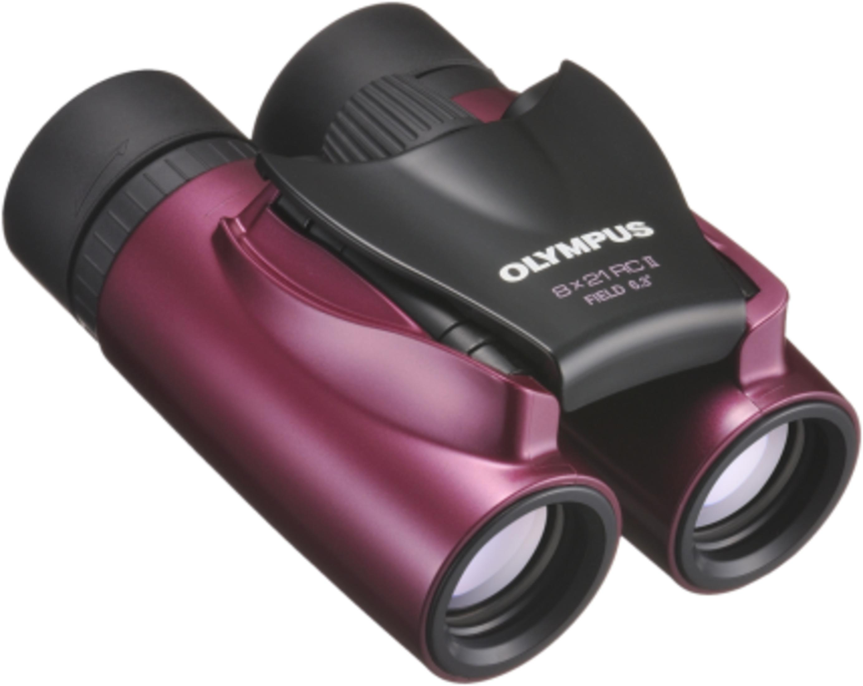 Binocolo Olympus compatto color vinaccia con ponte e scritte nere.