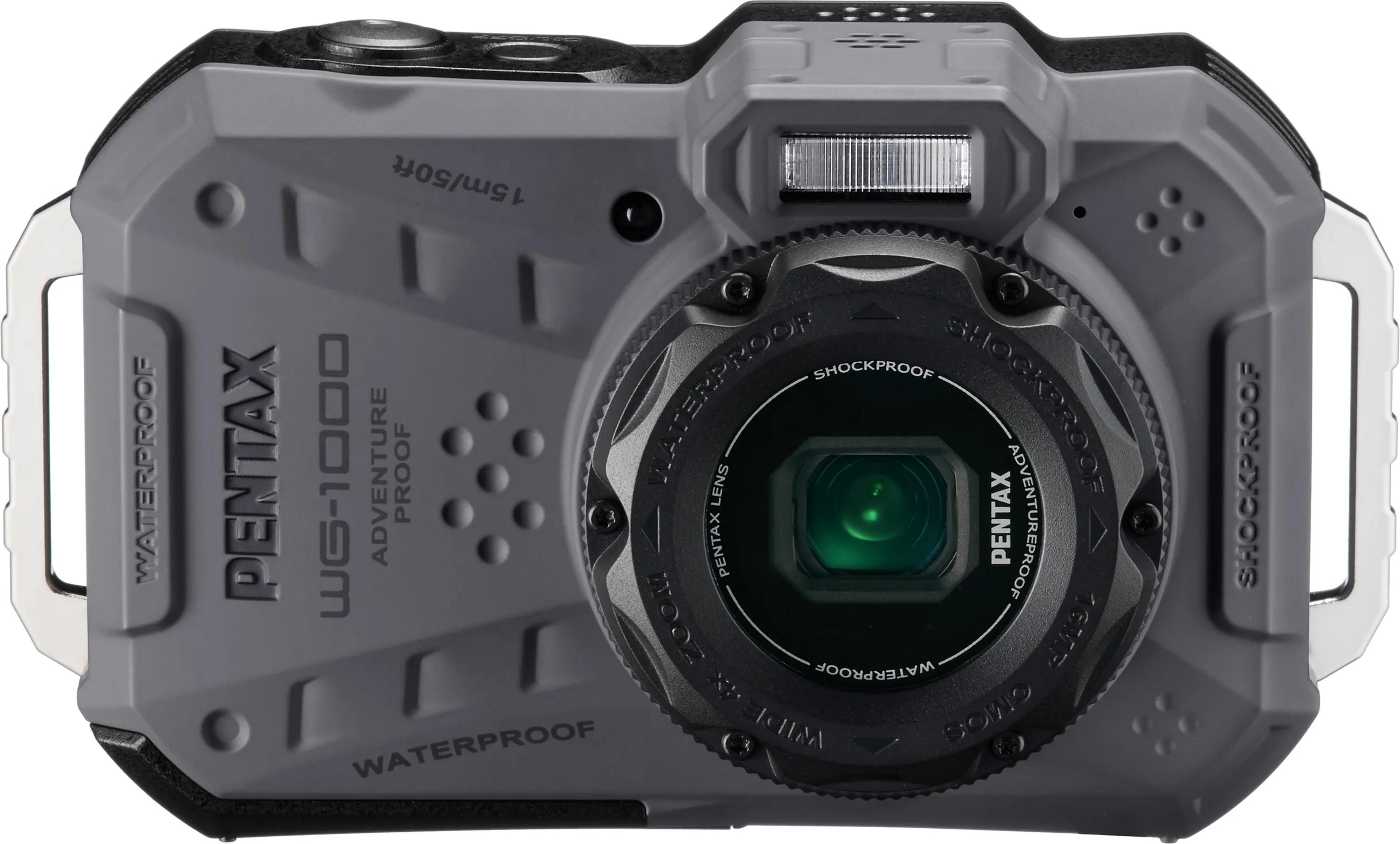 Graue Pentax WG-1000 Kamera mit Objektiv, Blitz und Schriftzügen.