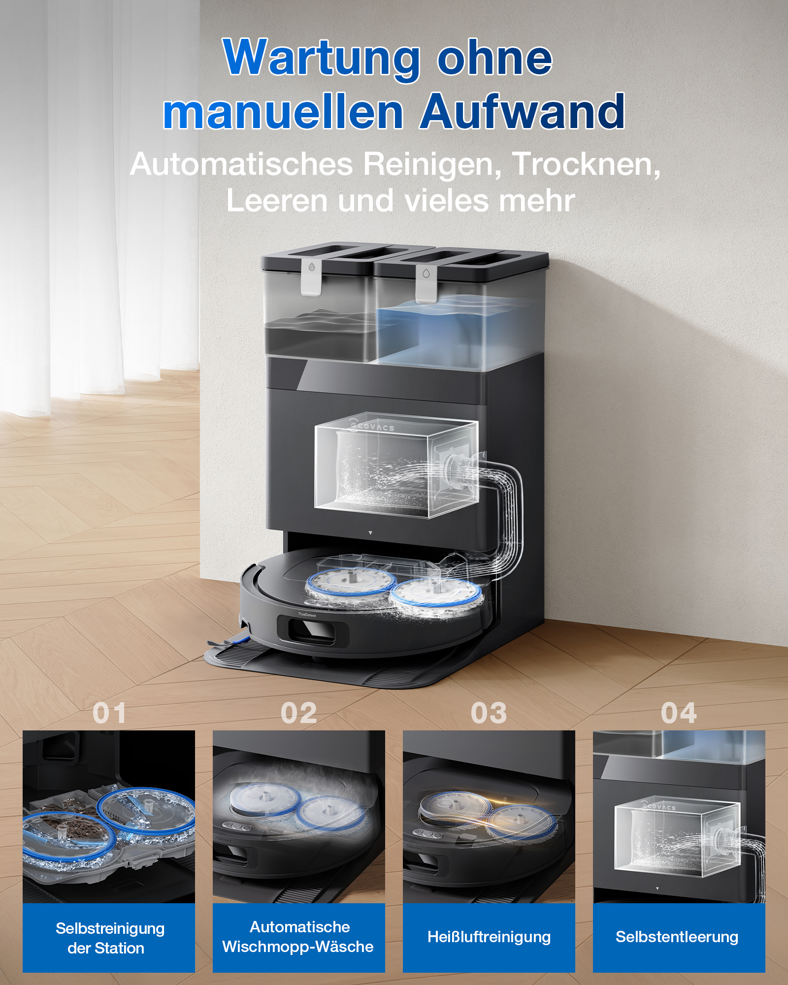Roboterstaubsauger mit Dockingstation: Selbstreinigung, Wischmopp-Wäsche, Heißluftreinigung, Entleerung.