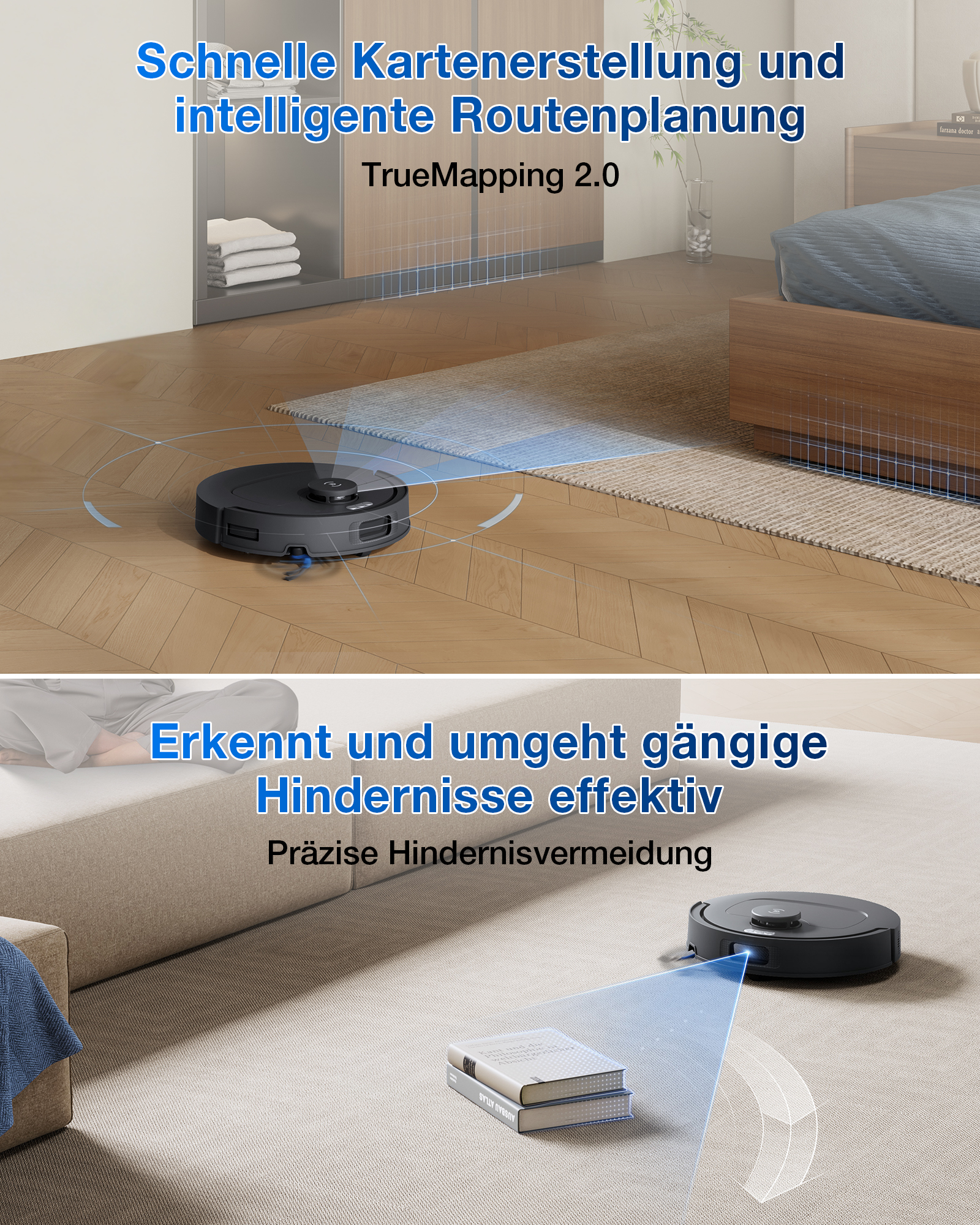 Ein Saugroboter erstellt eine Karte und weicht Hindernissen aus.